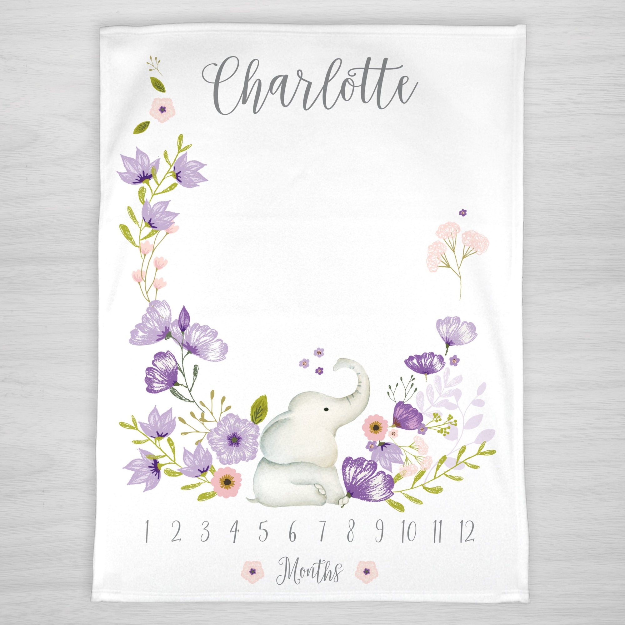 Elephant Personalized Milestone Blanket, Purple Flowers