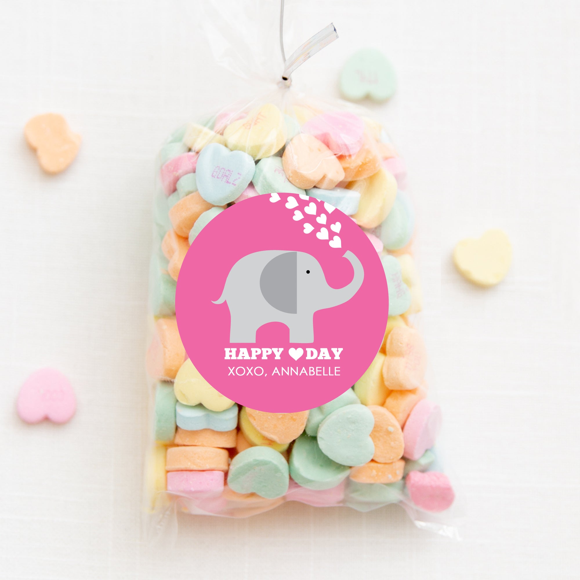 Elephant Valentine's Day Stickers, Pink with Hearts | 2.5" Round Valentine's Day Sticker for candy bag | Classroom Party | Personalized stickers | PIPSY.COM