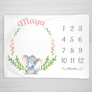 Elephant Milestone Baby Girl Blanket, Pink flowers and wreath, personalized