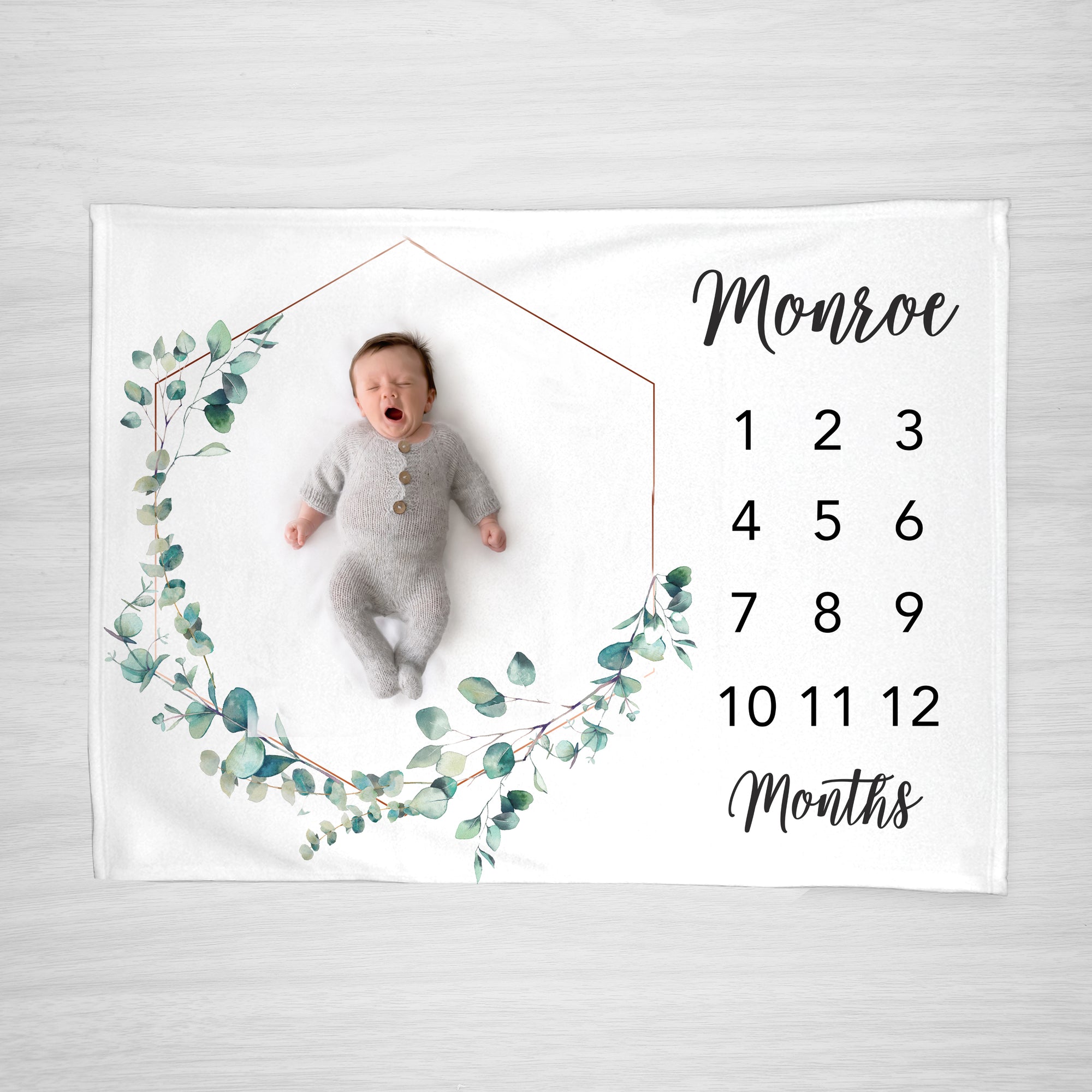 Baby Blanket Milestone, Eucalyptus frame, gender neutral boy or girl