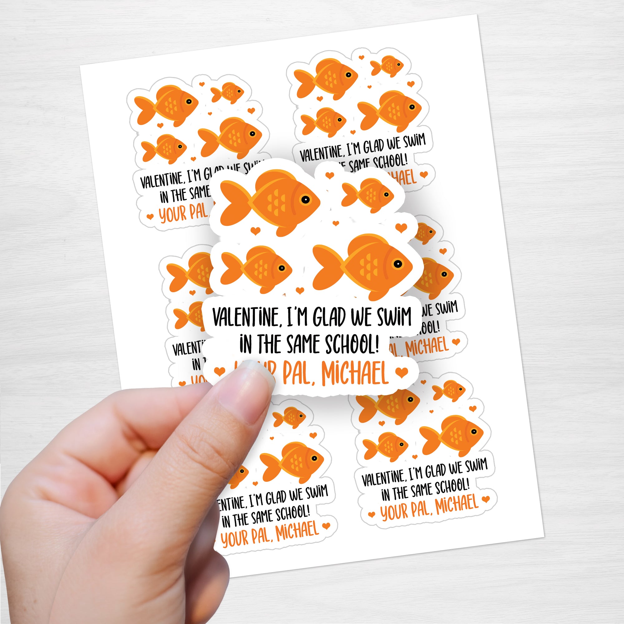 Goldfish Valentine's Day Stickers, Personalized, and custom die cut to fit your exact wording. Pipsy.com