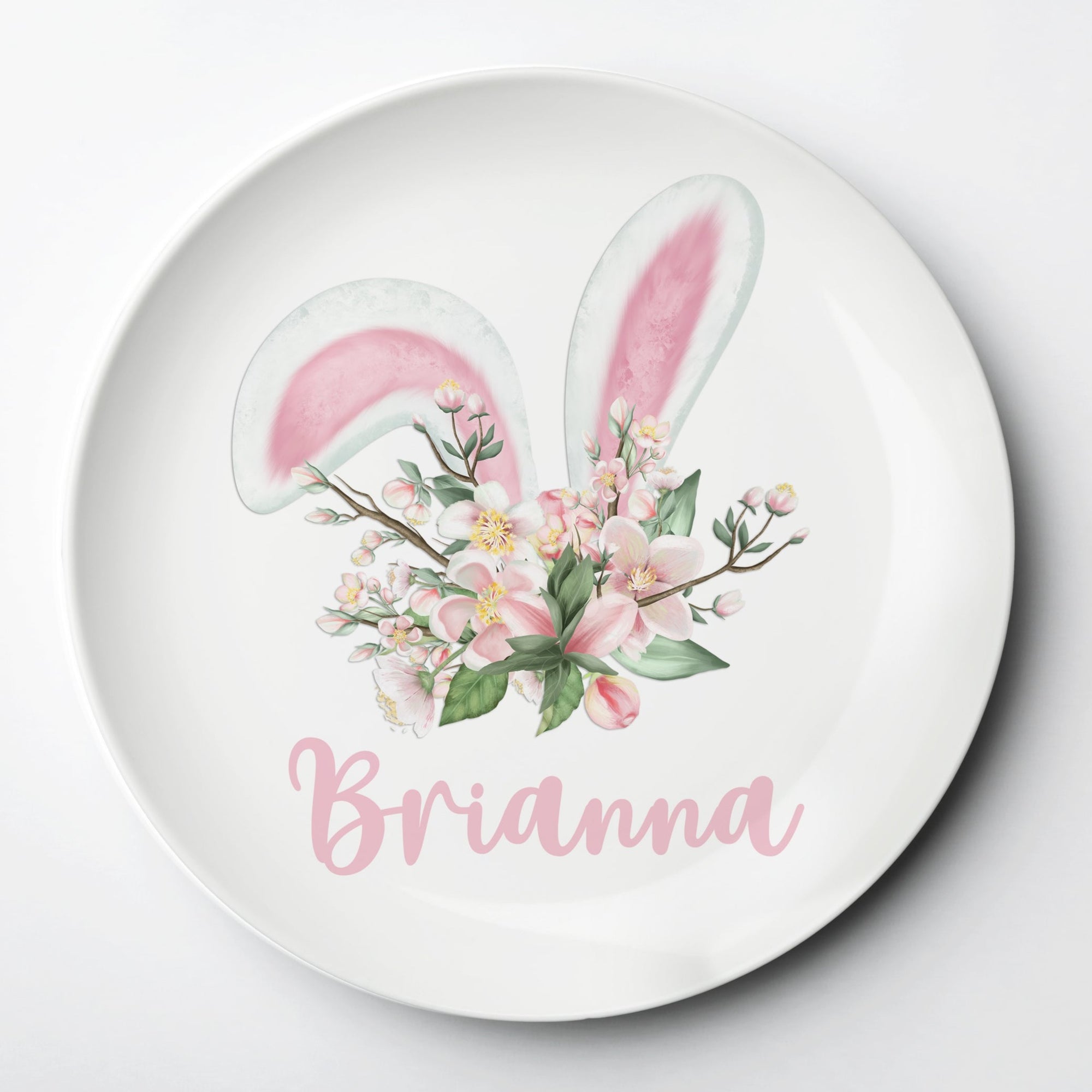 Bunny Ears Personalized Easter Plate for girls, with floral accents, microwave, dishwasher, and oven safe - lasts for years