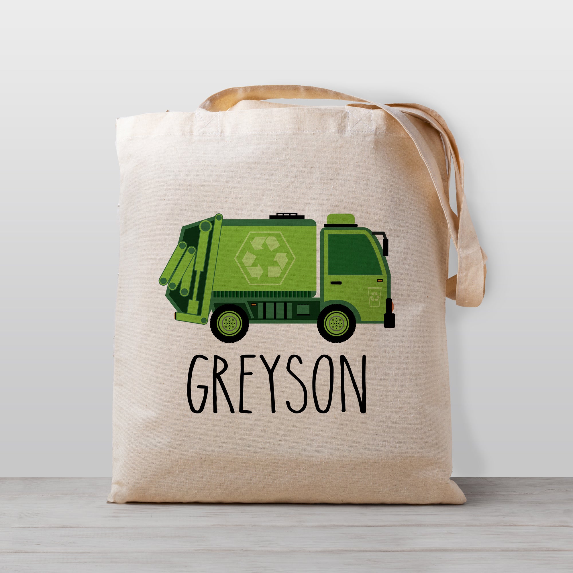 Personalized garbage and recycling truck tote bag, lightweight and easy for kids to carry, 100% natural cotton canvas
