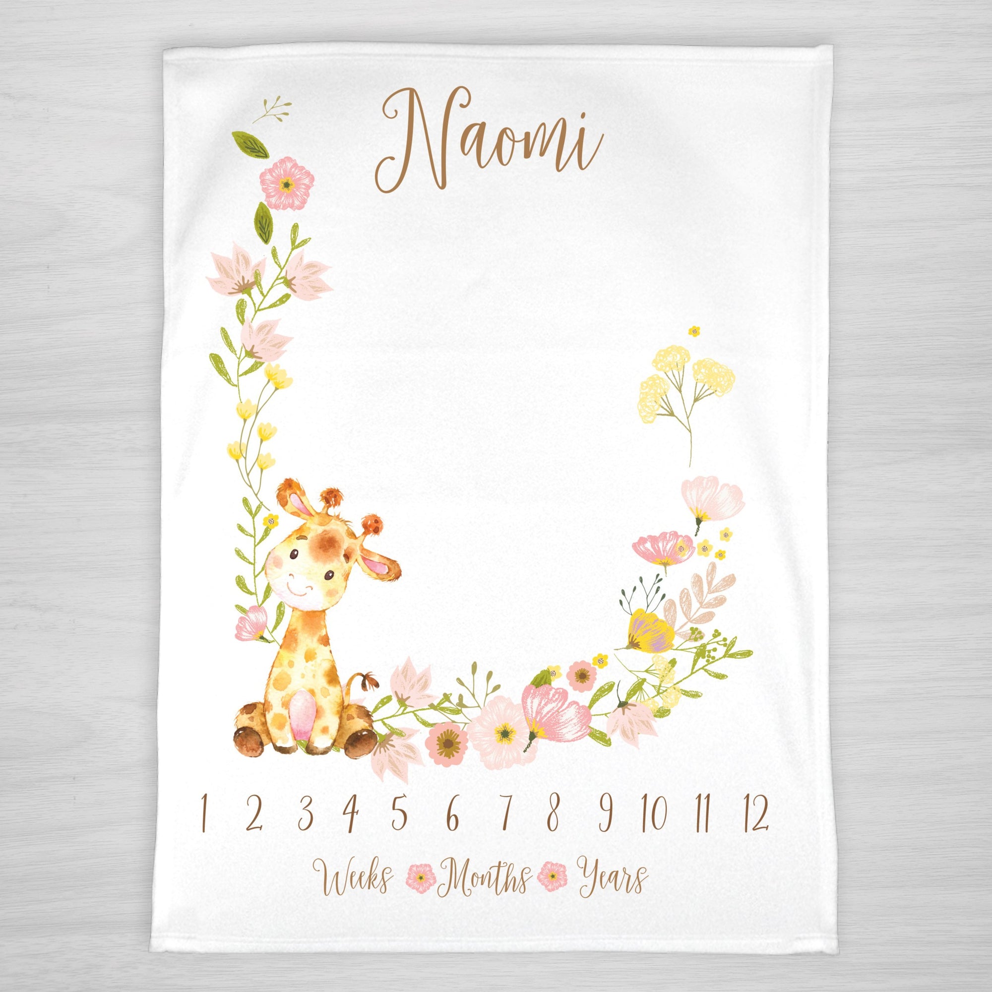 Giraffe Floral Milestone Baby Blanket, Personalized with Name