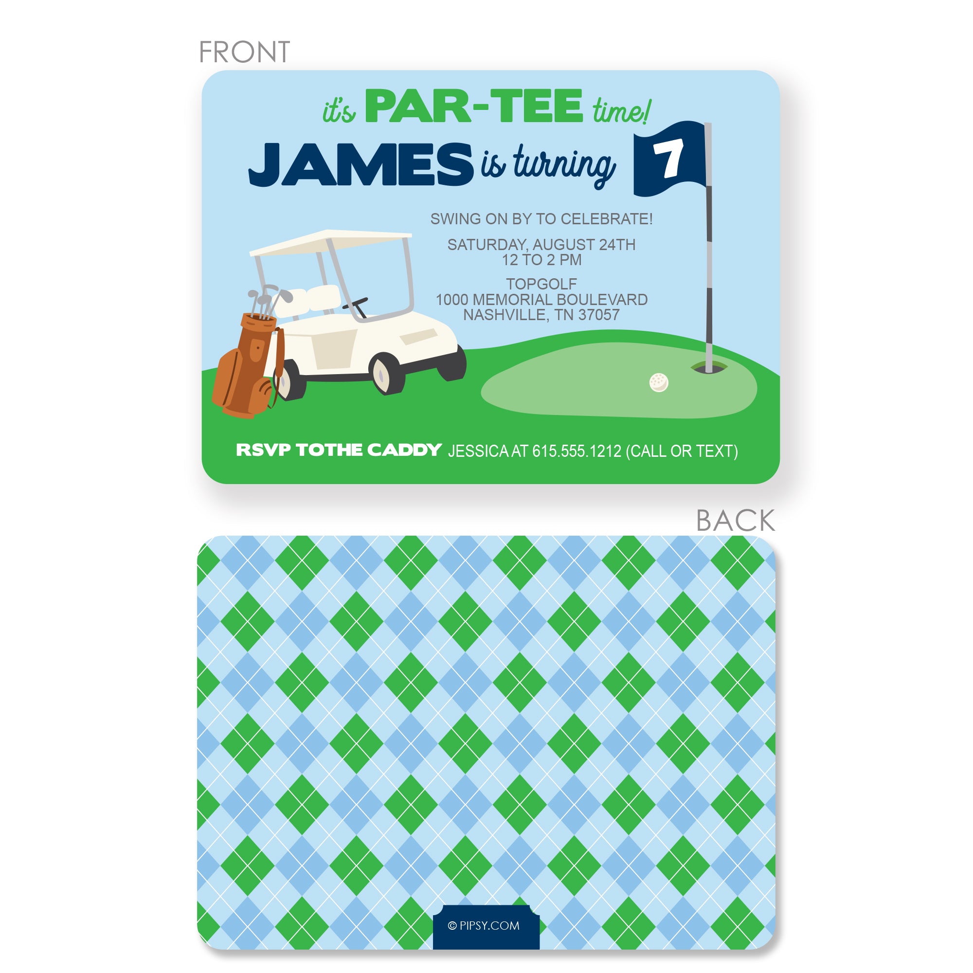 Golf Birthday Party Invitation featuring a golf cart. Printed on heavyweight cardstock from Pipsy.com