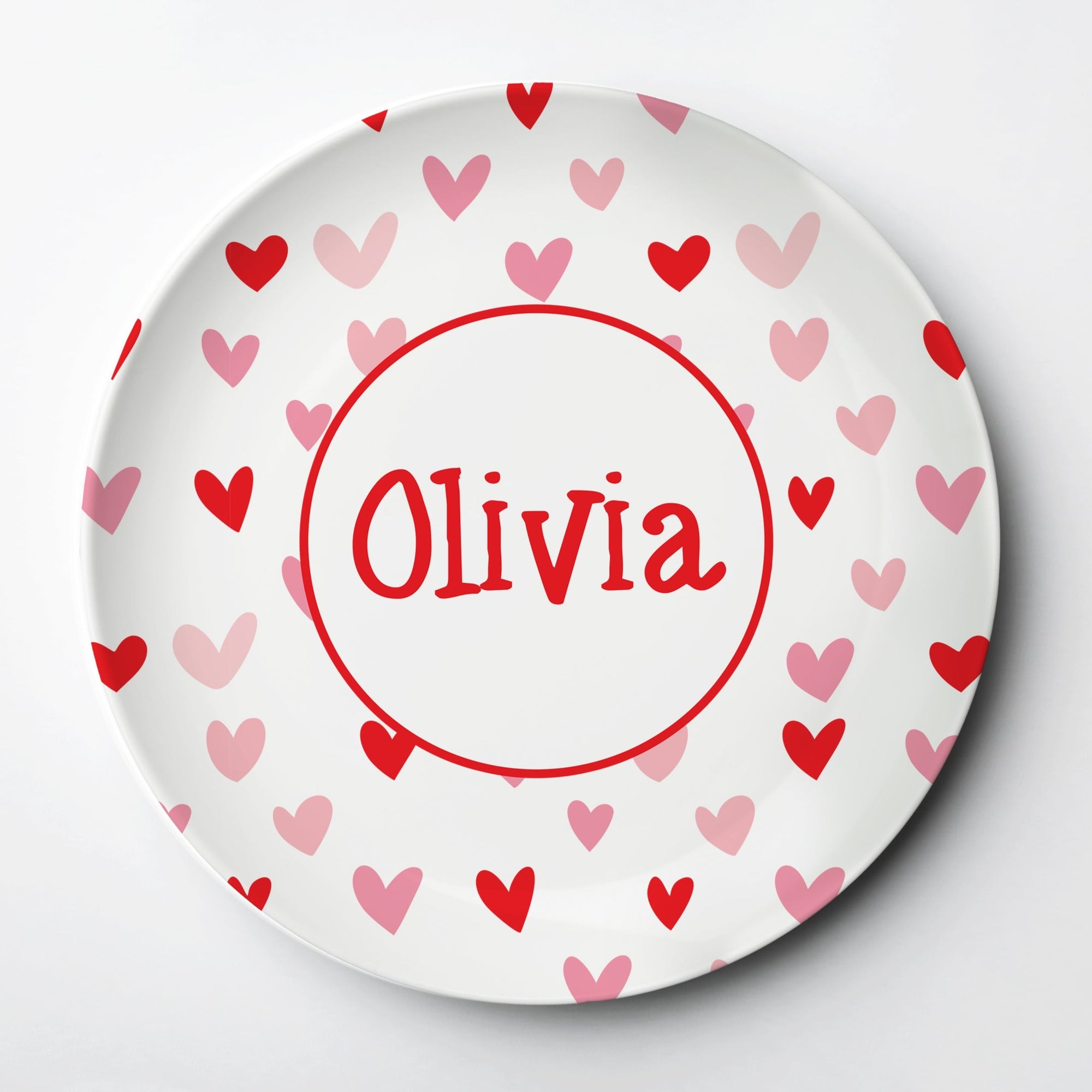 Personalized Valentine's Day pink and red heart border. ThermoSāf® kids reusable plate, microwave, dishwasher and oven safe.  Made in the USA, Pipsy.com