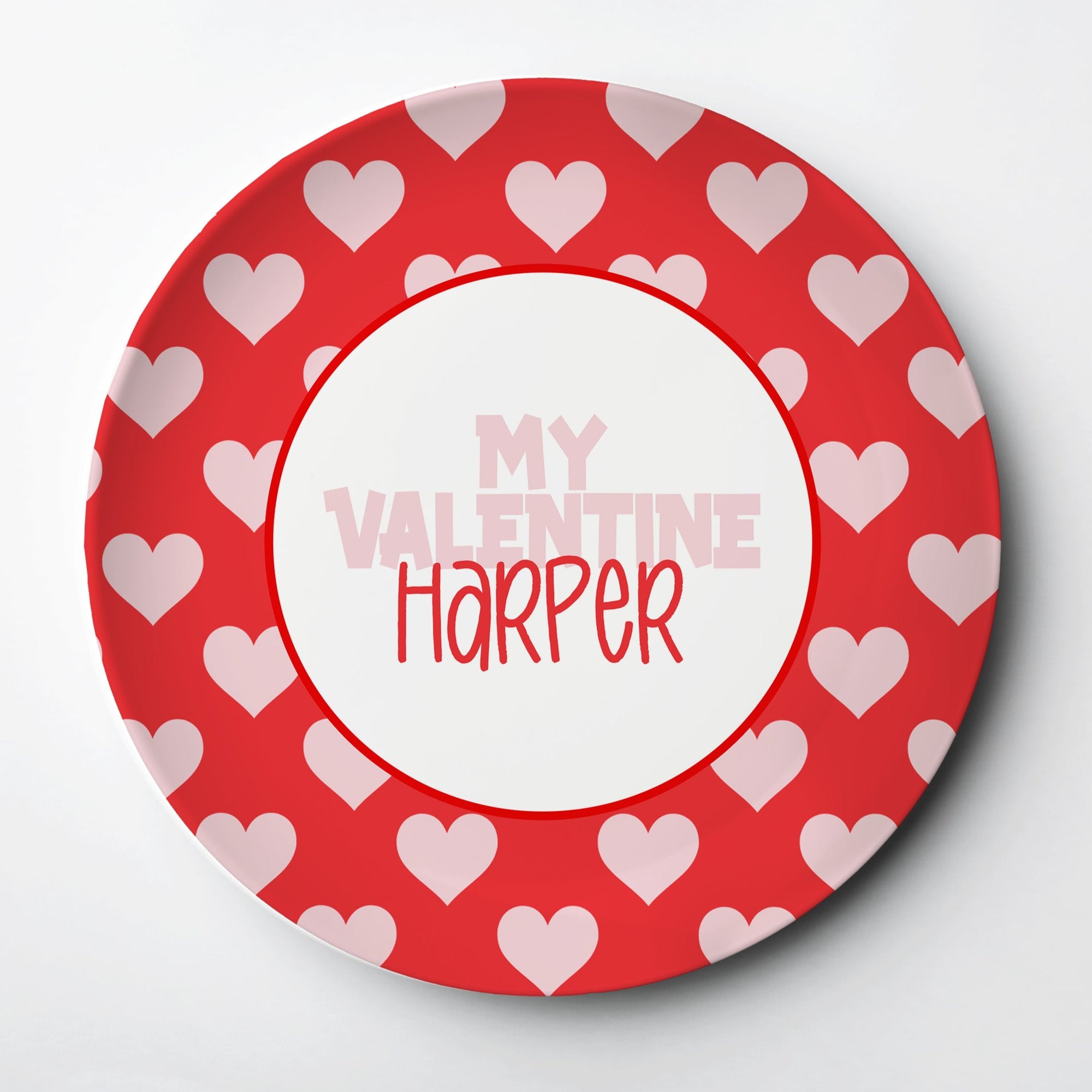 My Valentine - Valentine's Day personalized kids plate.  ThermoSāf® kids reusable plate, microwave, dishwasher and oven safe.  Made in the USA, Pipsy.com