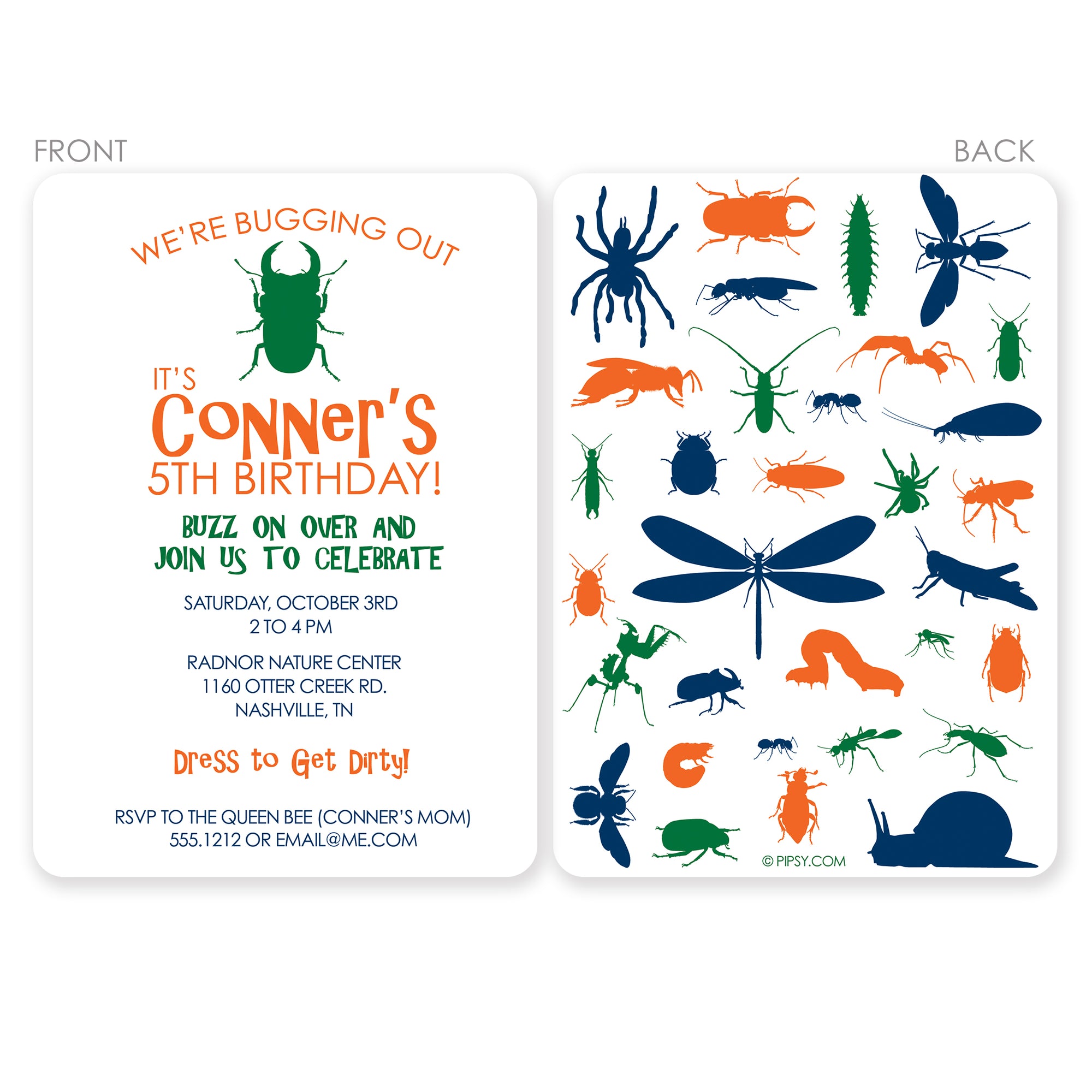 Bug Birthday Invitation featuring an assortment of insects and spiders. Great for a party at a nature center. Printed on thick cardstock, with 2 sided printing, rounded corners. Includes envelopes, 