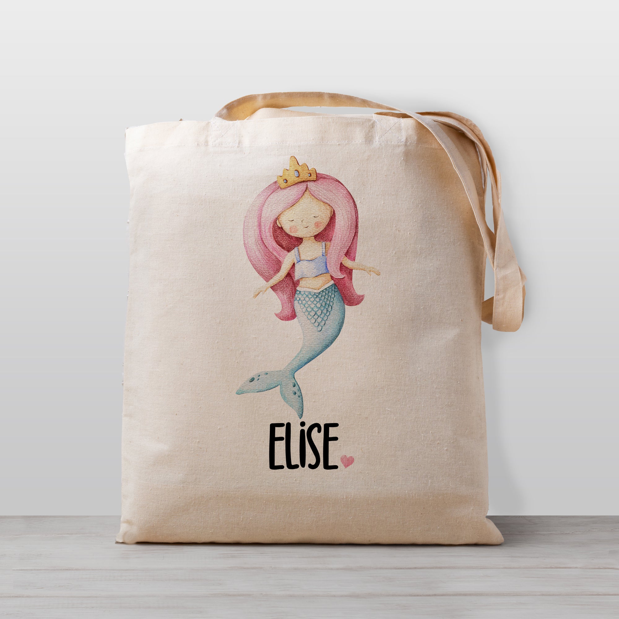 Mermaid Personalized Tote Bag for girls, mermaid has pink hair and a crown, 100% natural cotton canvas tote