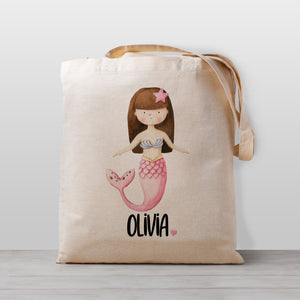 Mermaid tote bag personalized with name, 100% natural cotton canvas