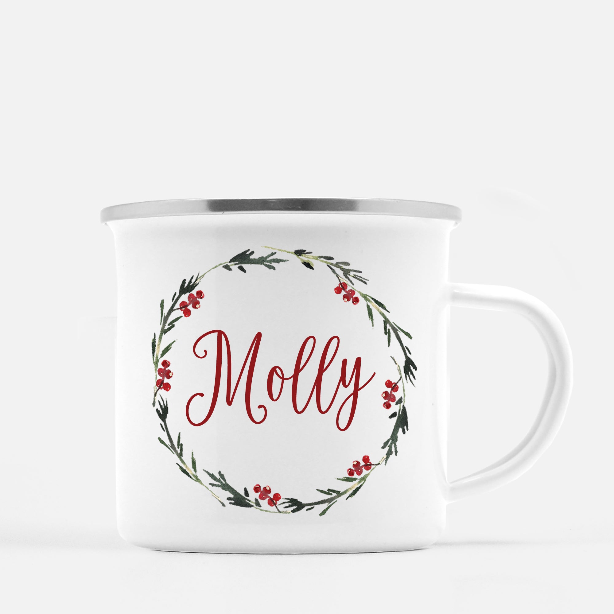 Simple Holiday Wreath Camp Mug, Personalized, Silver Lip