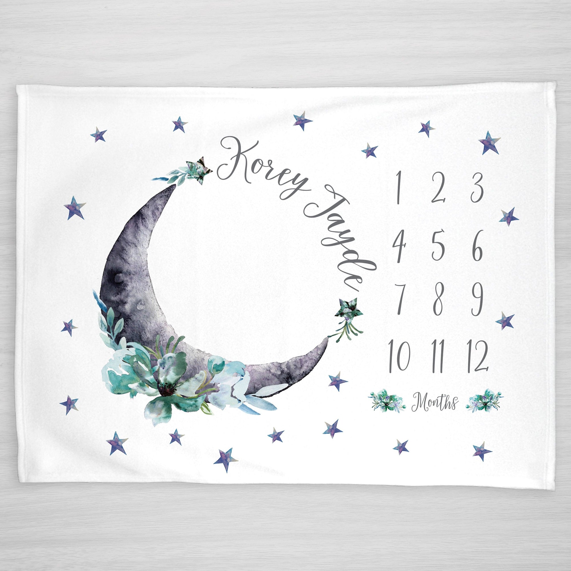 Moon and Stars Milestone blanket in aqua and gray, Personalized with baby's name