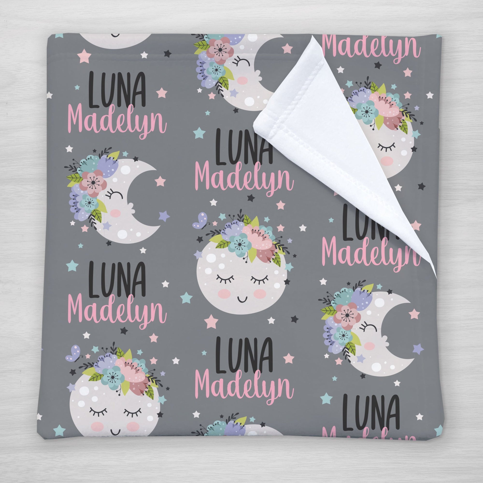 Sweet moon faces with flowers and stars baby name blanket.   Swaddle | Fluffy Minky | Pipsy.com