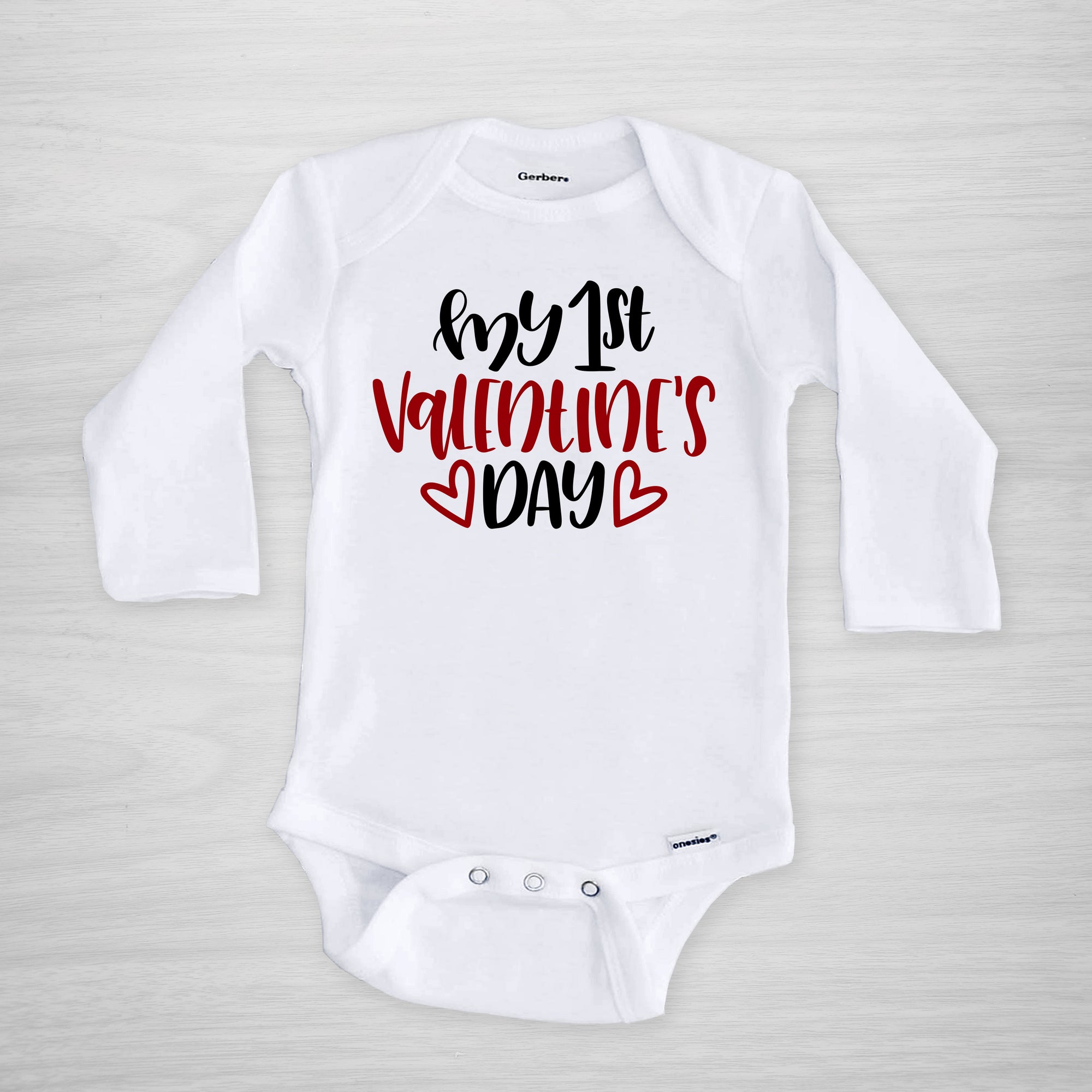 My First Valentine's Day Onesie in Black and Red, long sleeved