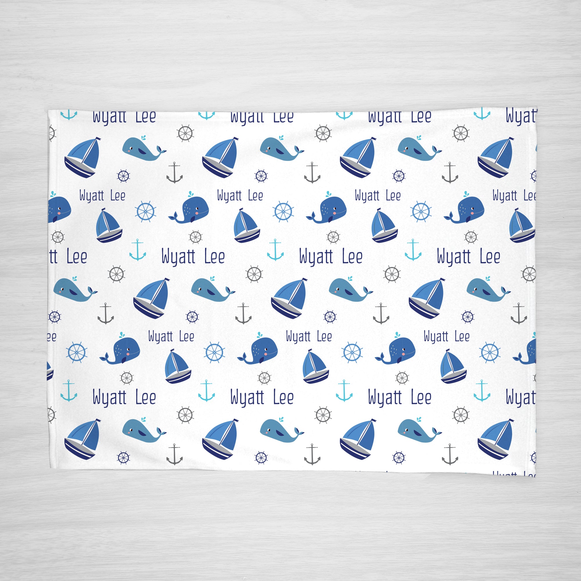 Personalized Under the Sea Nautical Blanket with boats, whales and anchors