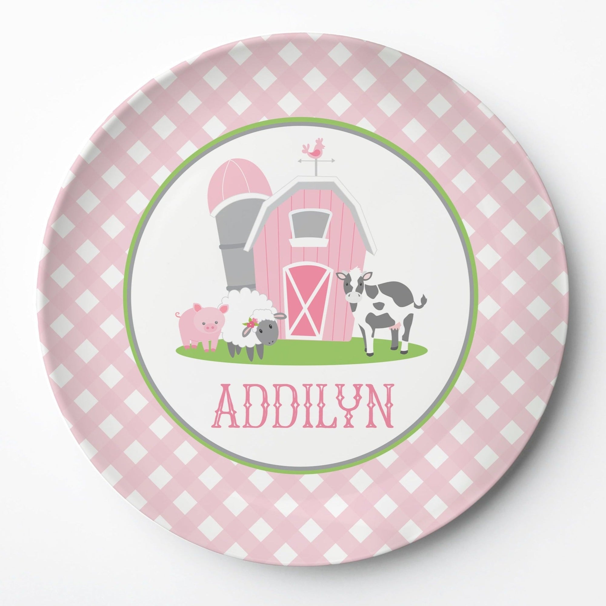 Farm Personalized plate, pink gingham, Pipsy.com