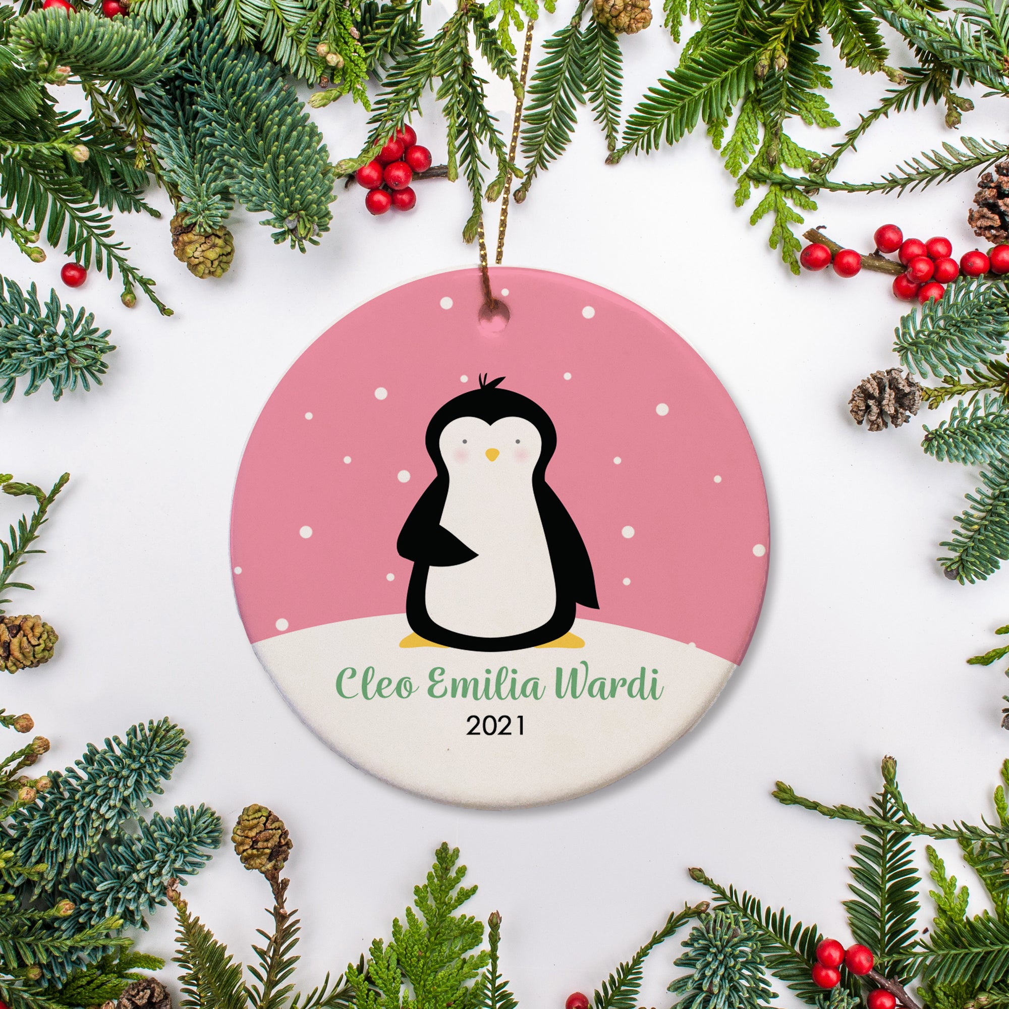 Personalized Christmas round ceramic ornament Snow Globe Inspired Penguin Ornament | Pipsy.com