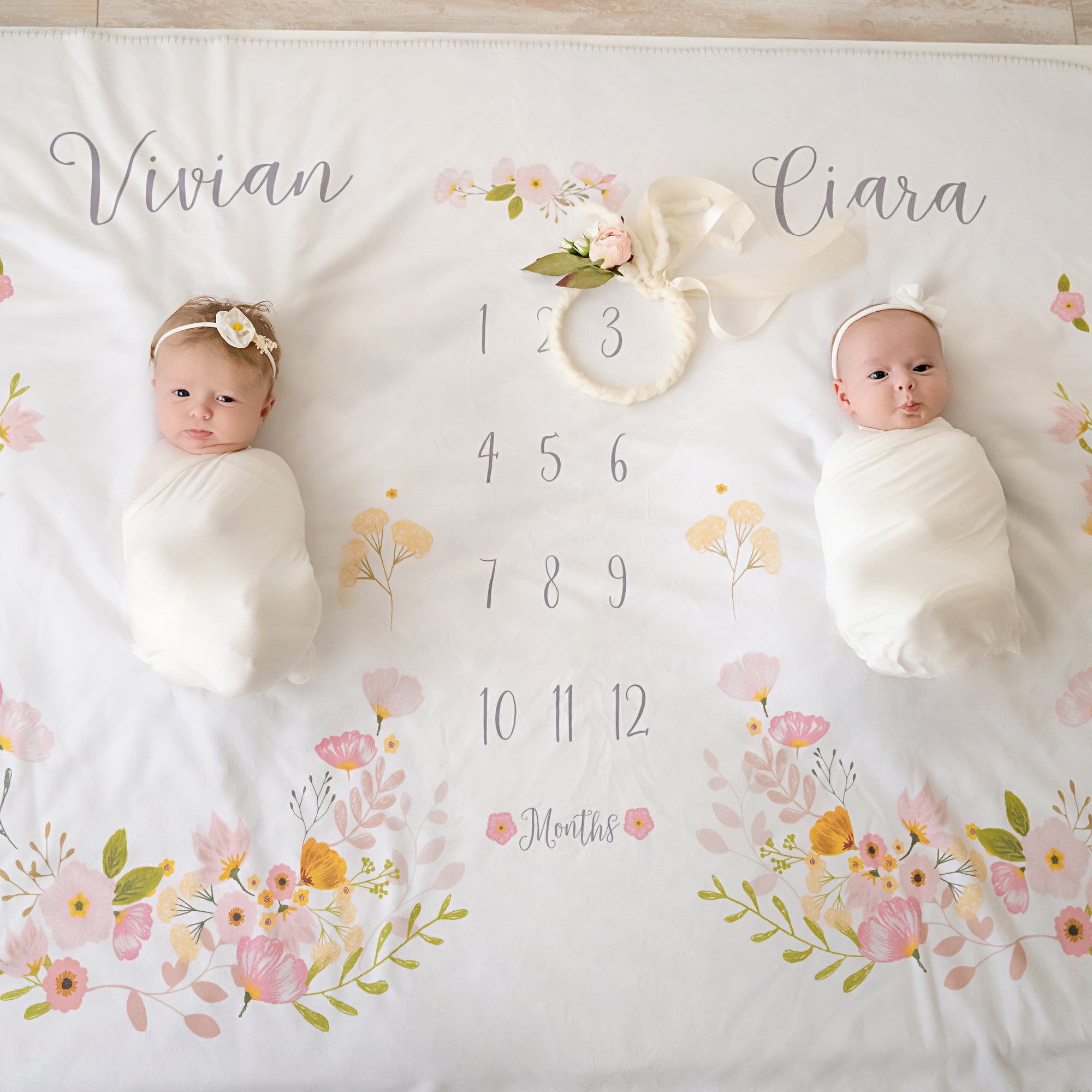 Twin Blossom Floral Milestone Blanket, Perfect for little girls with pink and yellow flowers, Personalized