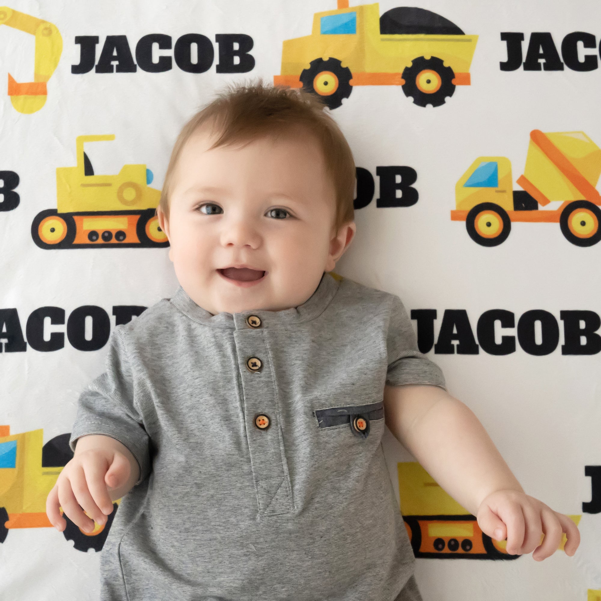 Construction Vehicles Personalized Baby Boy Name Blanket, backhoe, bulldozer, dump truck