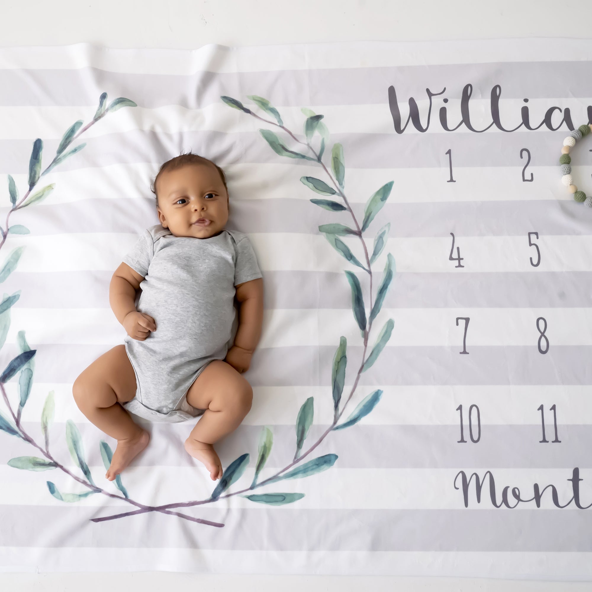 Personalized Milestone Baby Blanket featuring a eucalyptus wreath and soft gray stripes, printed with baby safe inks on a super soft fleece
