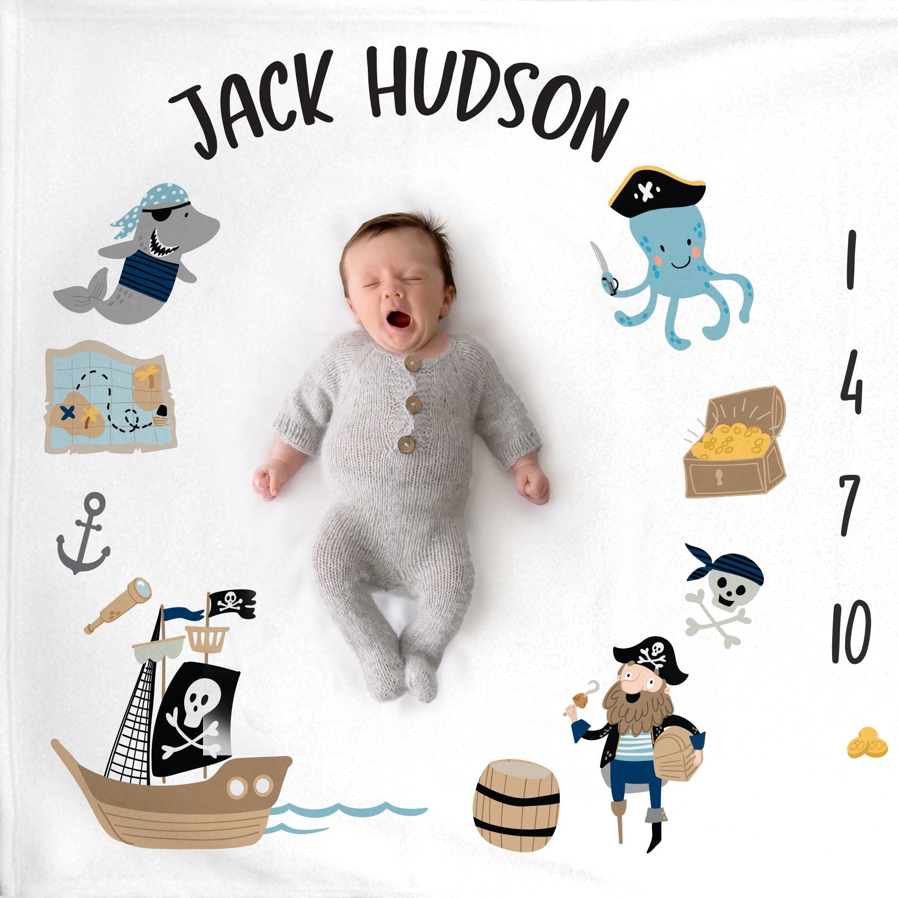 Pirate Milestone Blanket, printed with your baby's name, super soft soft fleece, great baby gift