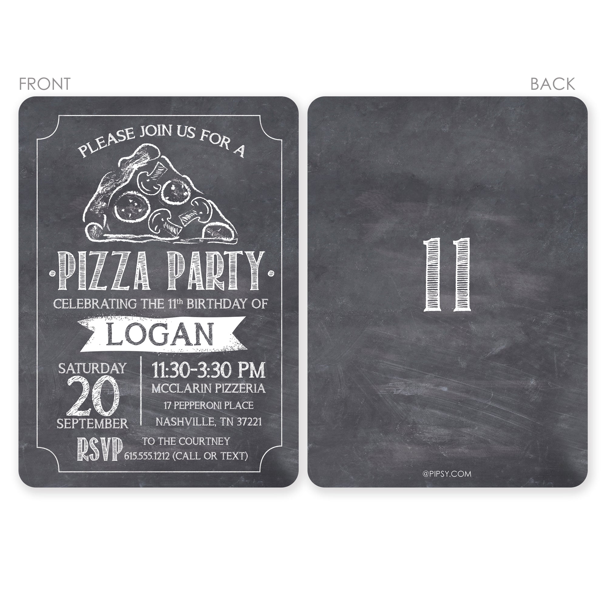 Pizza Birthday Party Invitation with chalkboard styling