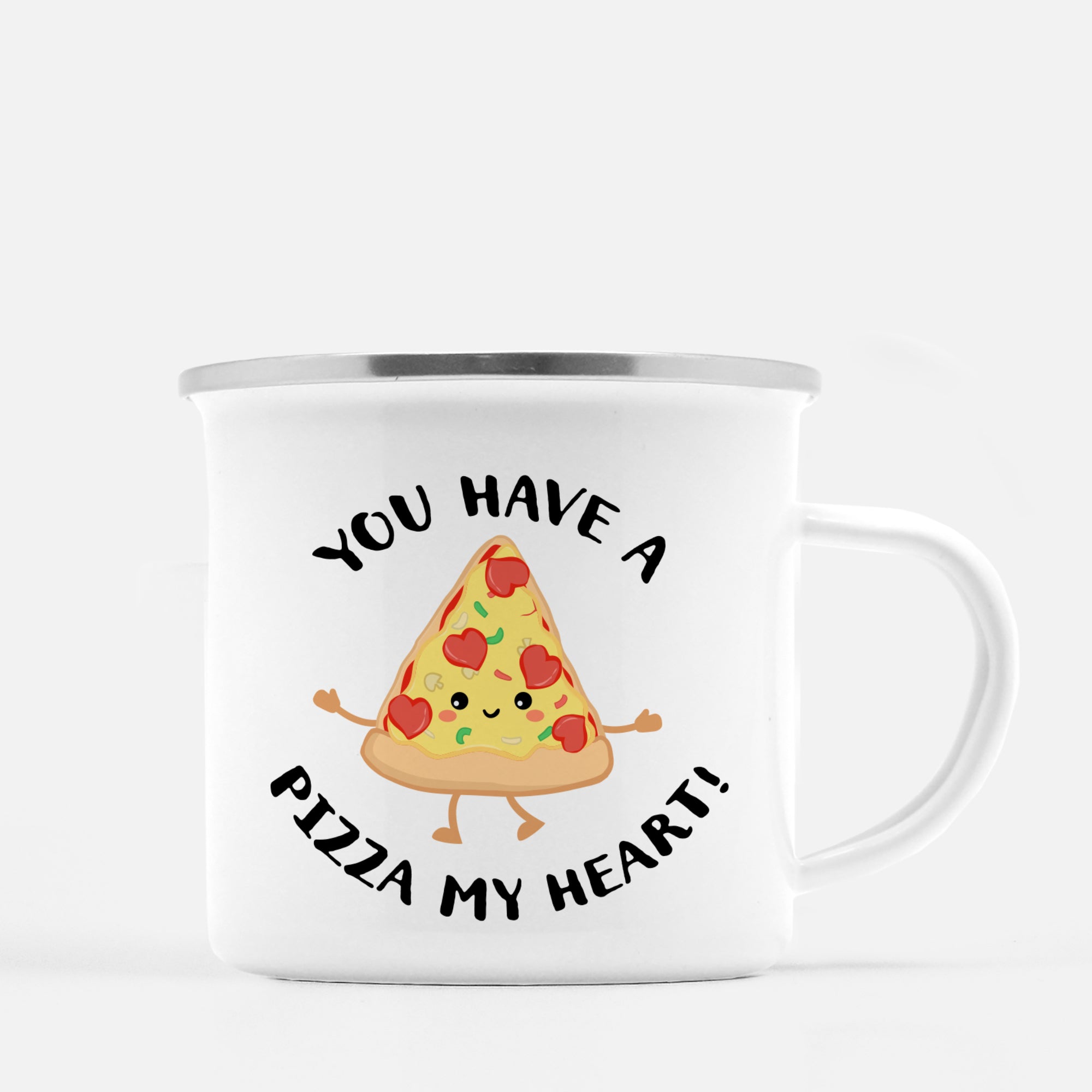 Kids Metal 12 oz camp mug | you have a pizza my heart | White enamel with silver lip | Pipsy.com