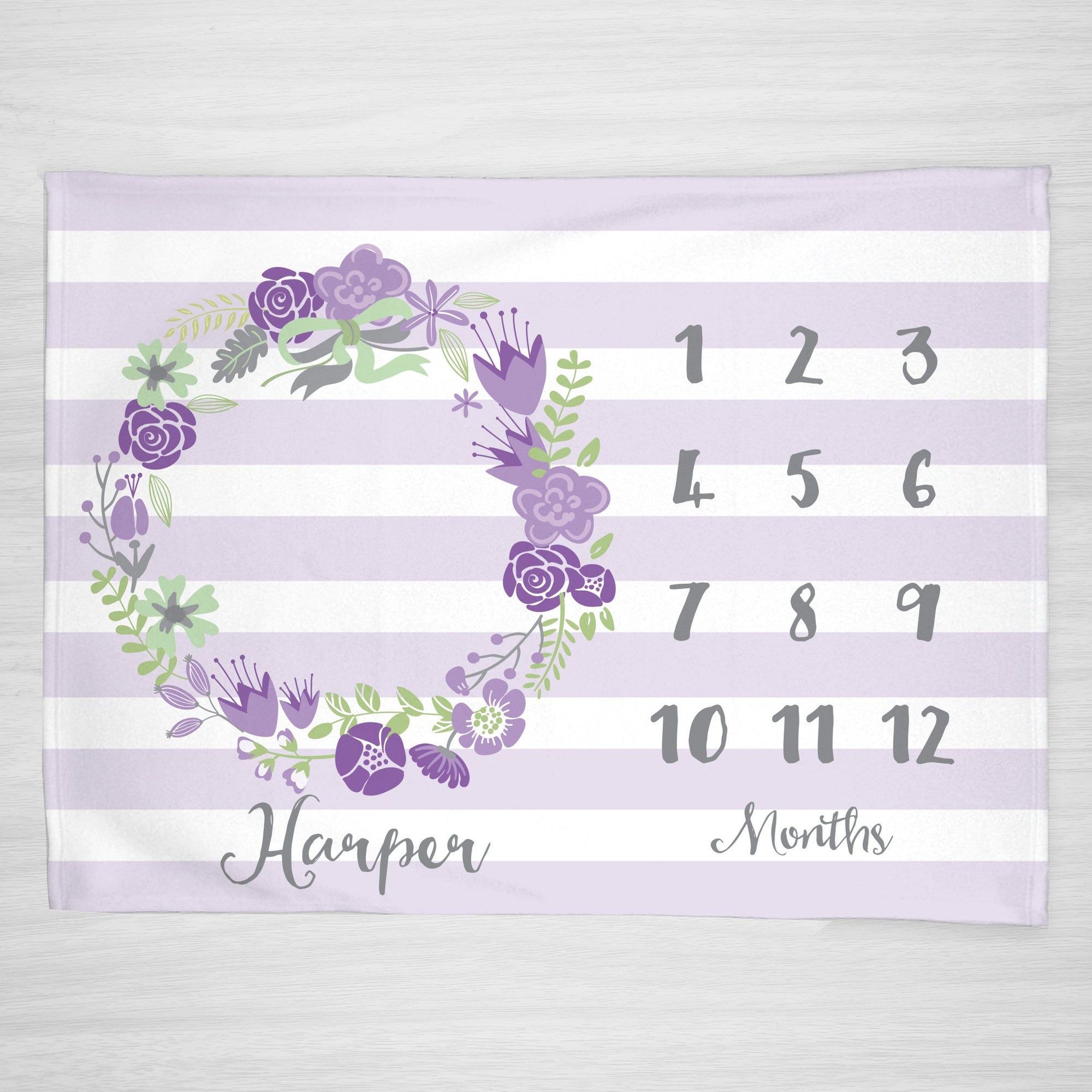 Personalized Girl Milestone Blanket, Purple stripes and flower wreath