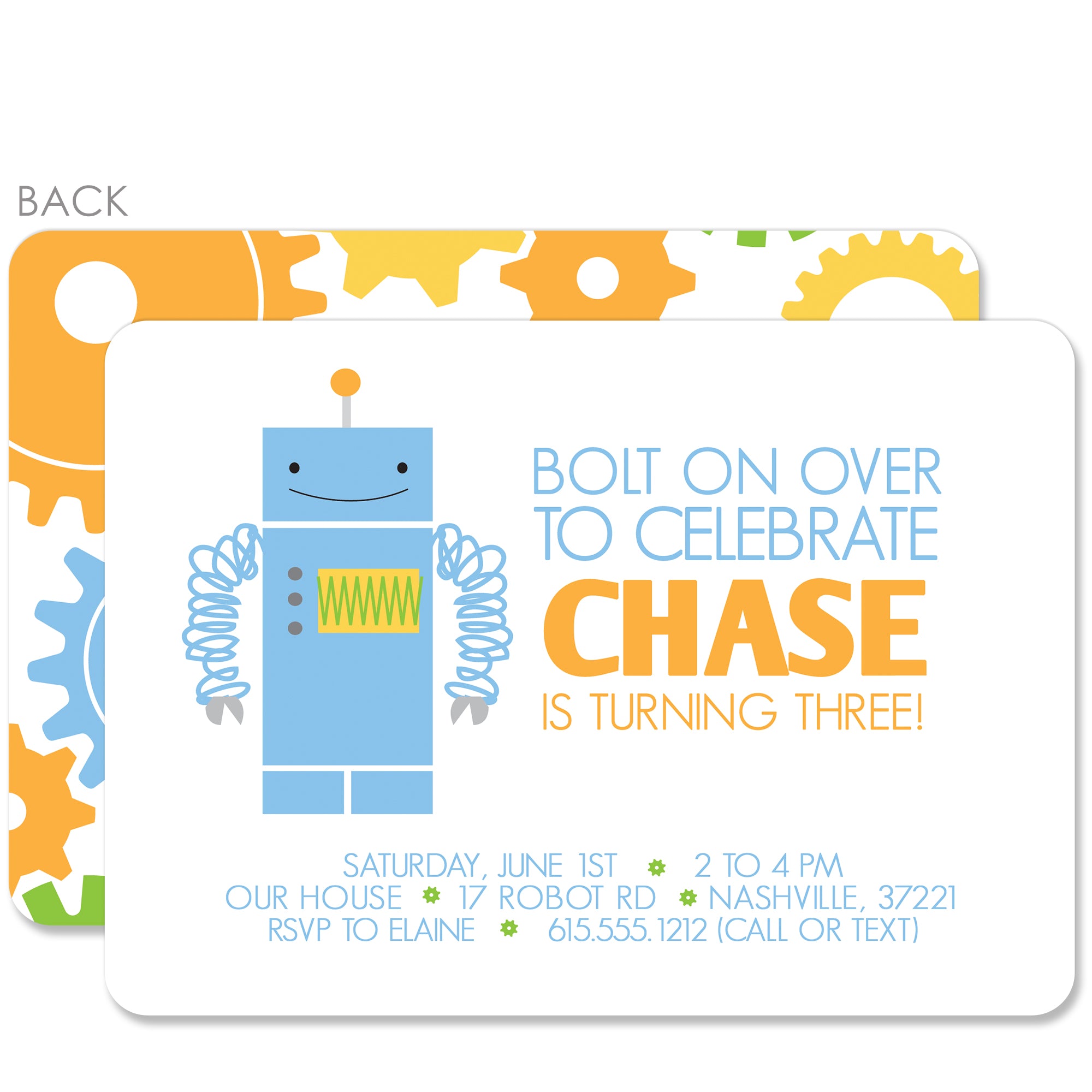 Robot birthday invitation with a gear pattern on the back, printed on thick cardstock with 2 sided printing, envelopes included. Can be made in any color scheme