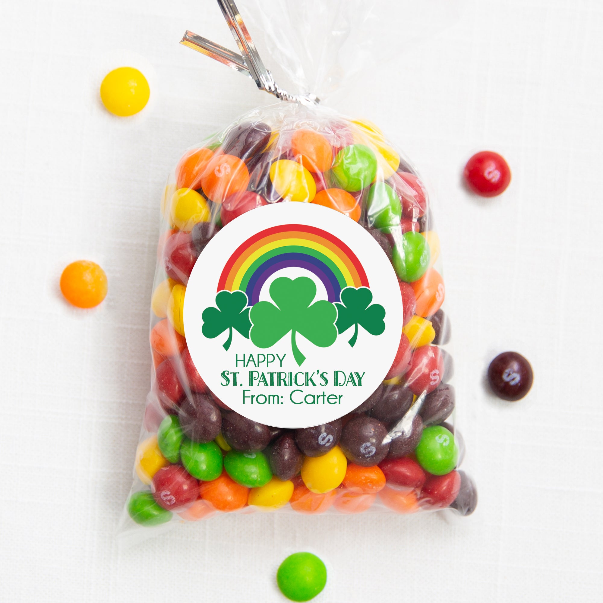 Rainbow and Shamrocks - Personalized Happy St. Patrick's Day class treat bag sticker, round matte stickers, 2.5", Pipsy.com