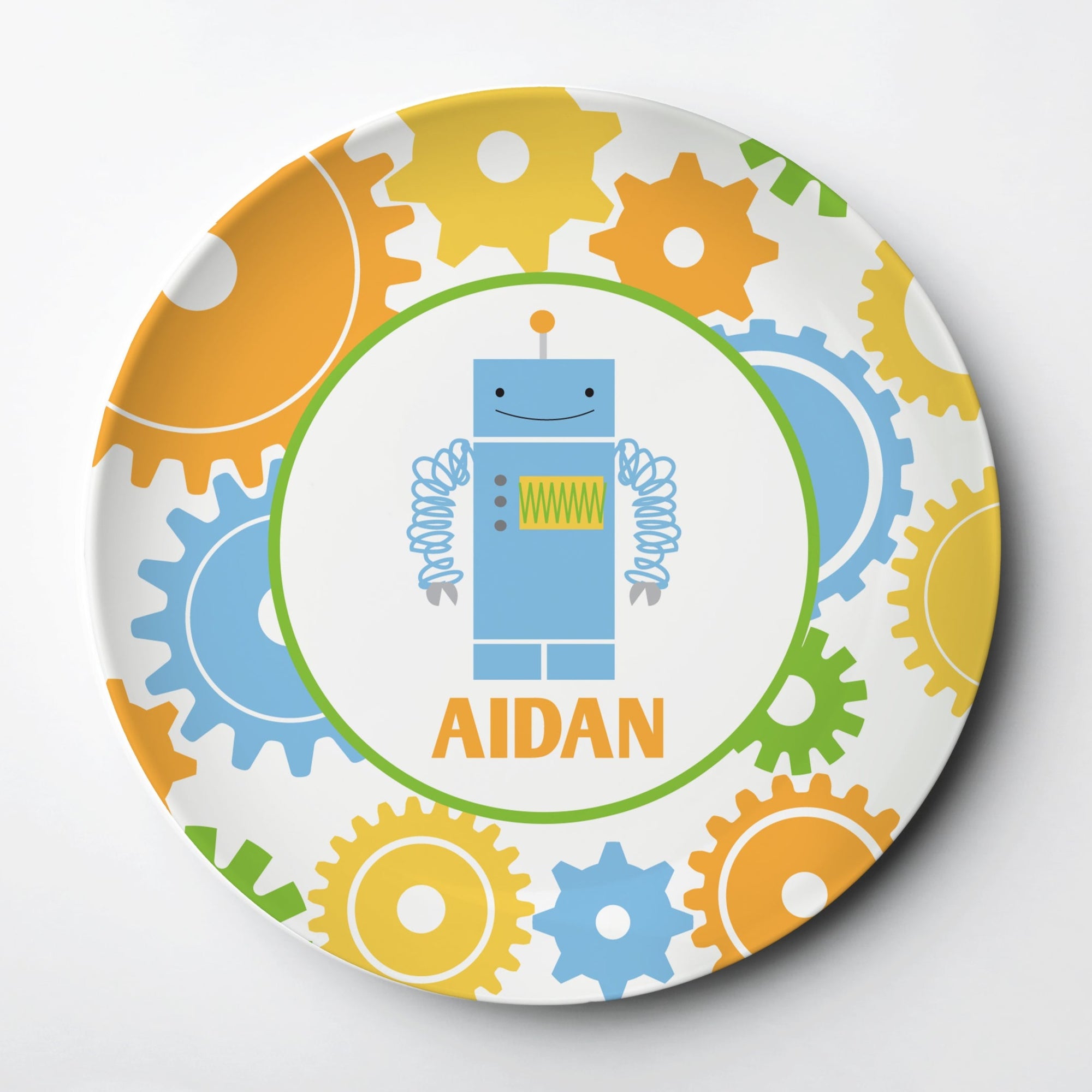 Personalized kids Robot plate, ThermoSāf® kids reusable plate, microwave, dishwasher and oven safe.  Made in the USA, Pipsy.com