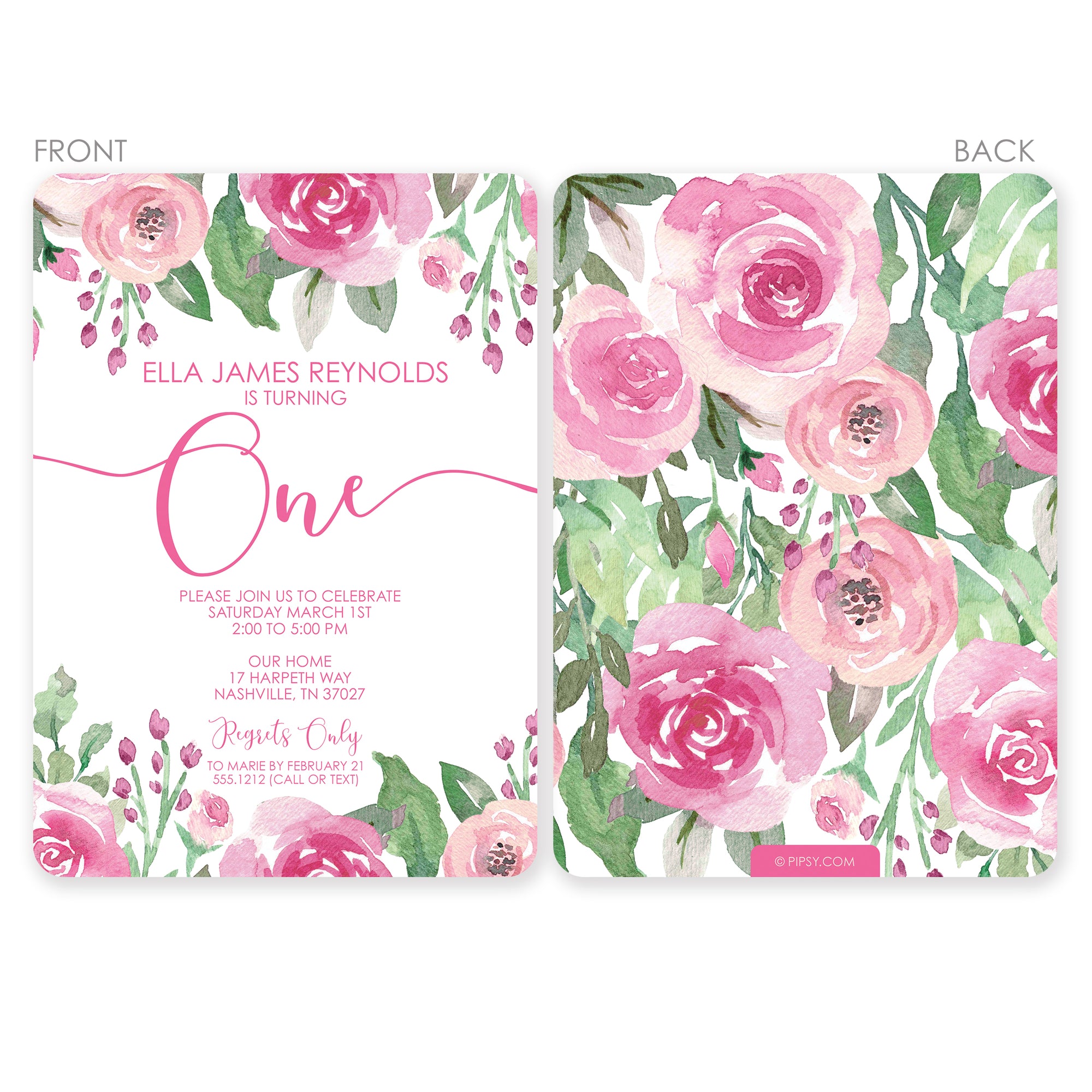 Roses floral first birthday invitation, printed on heavy thick cardstock, watercolor art, comes with envelopes