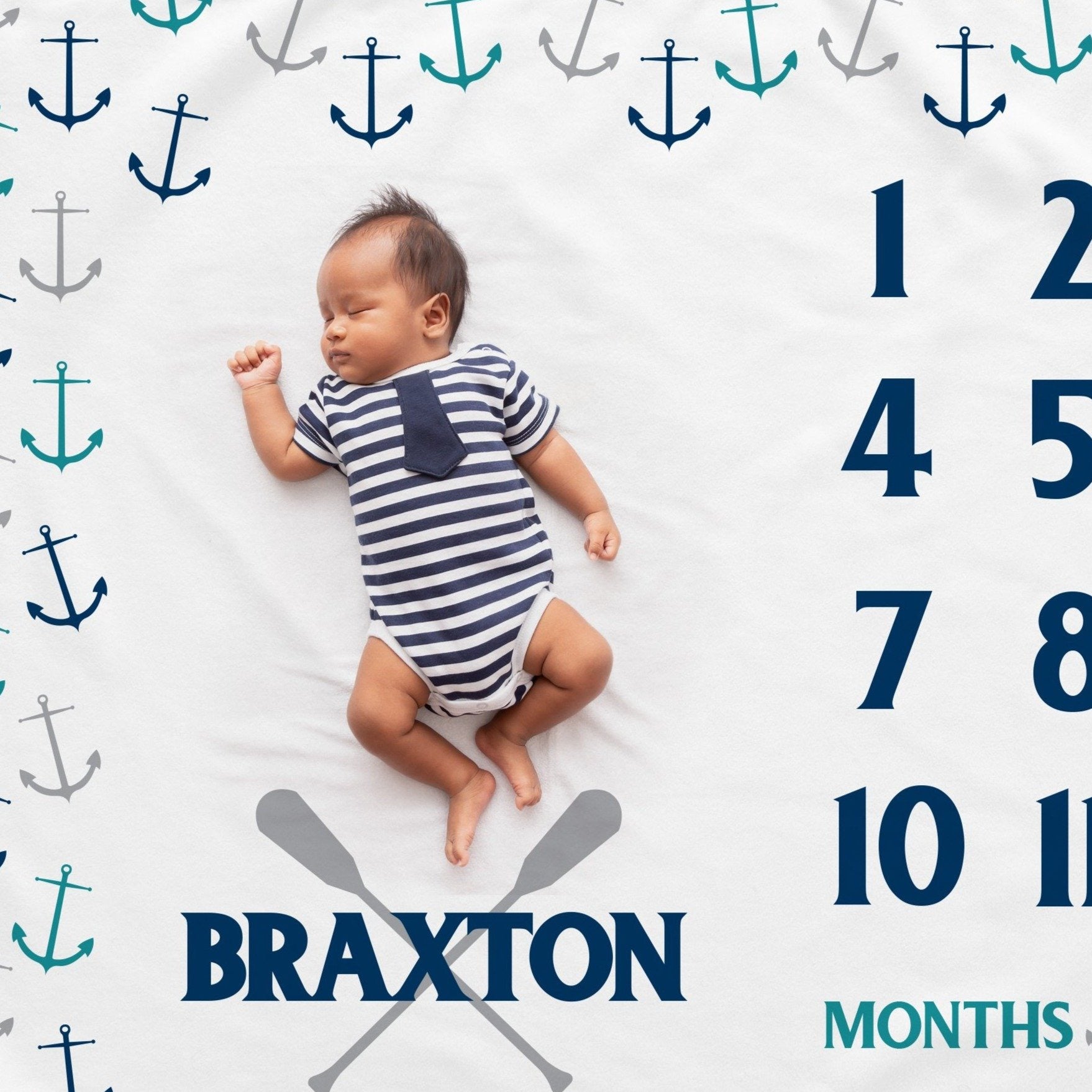 Anchors Nautical Milestone Baby Blanket, Personalized, in shades of blue and gray