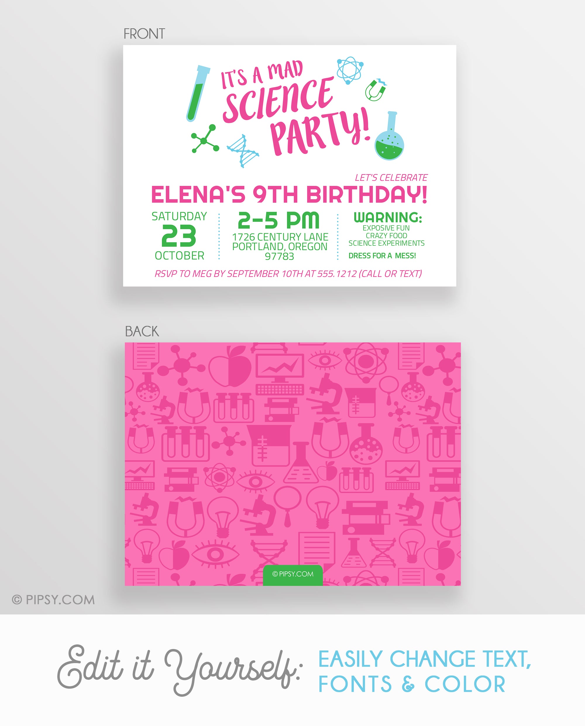 Mad Science Birthday Invitations, Pink & Green (DIY Printable)