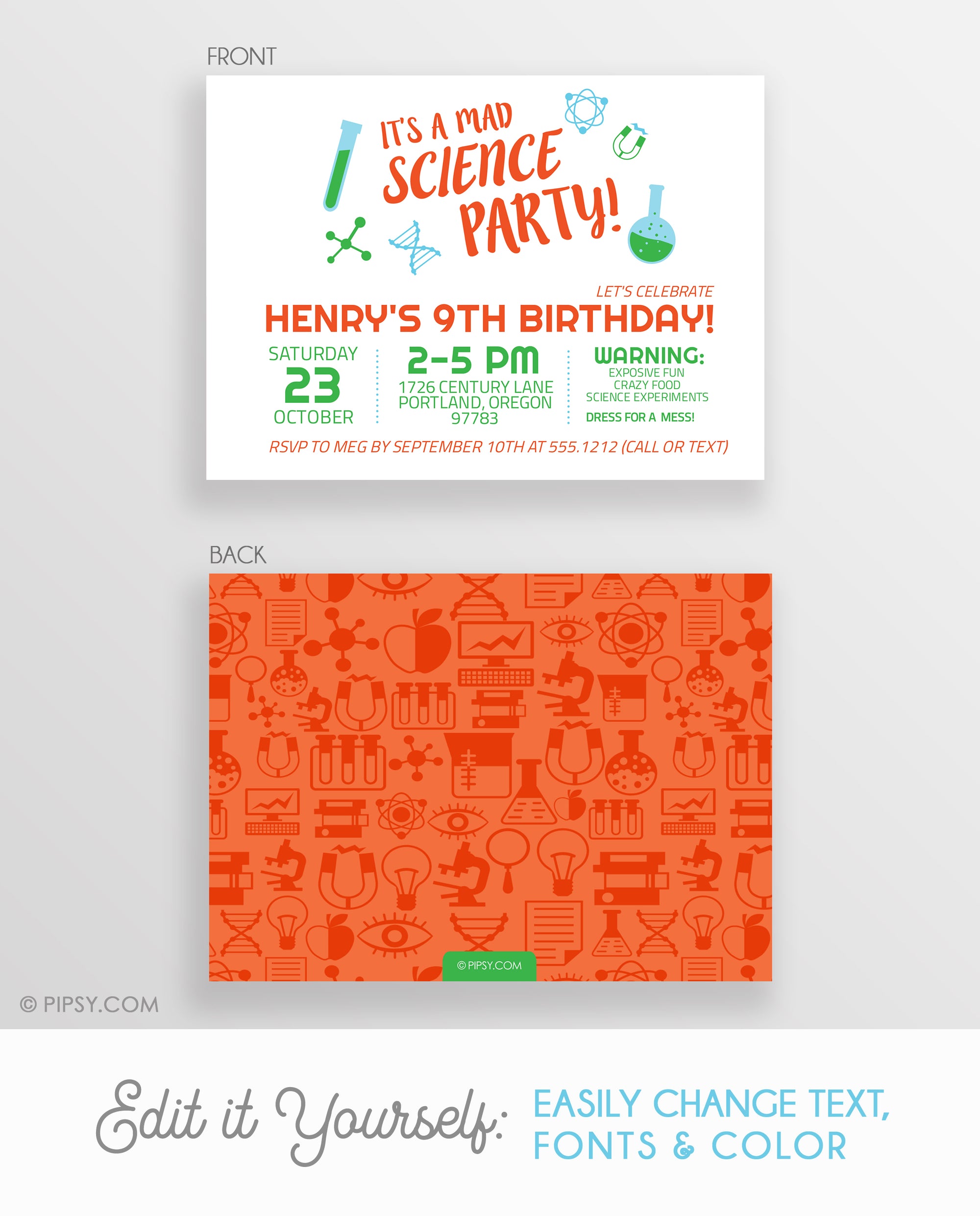 Mad Science Birthday Invitations, Orange & Green (DIY Printable)