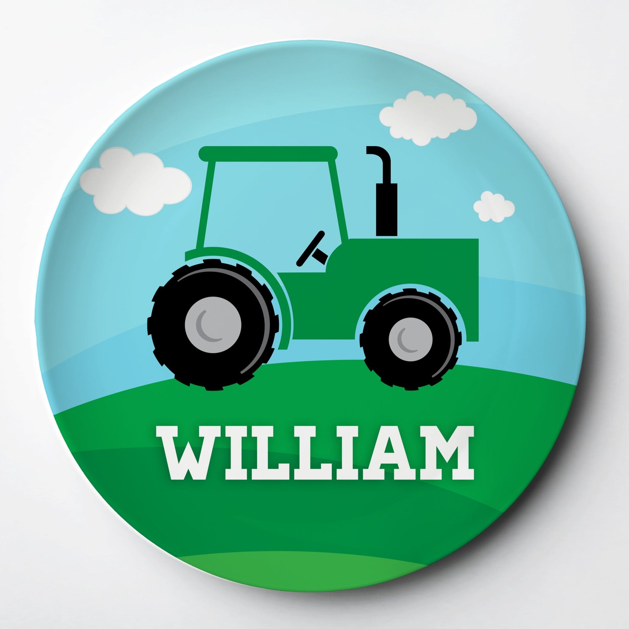 Tractor Personalized Kids plate, reusable sturdy polymer, microwave, oven, and dishwasher safe