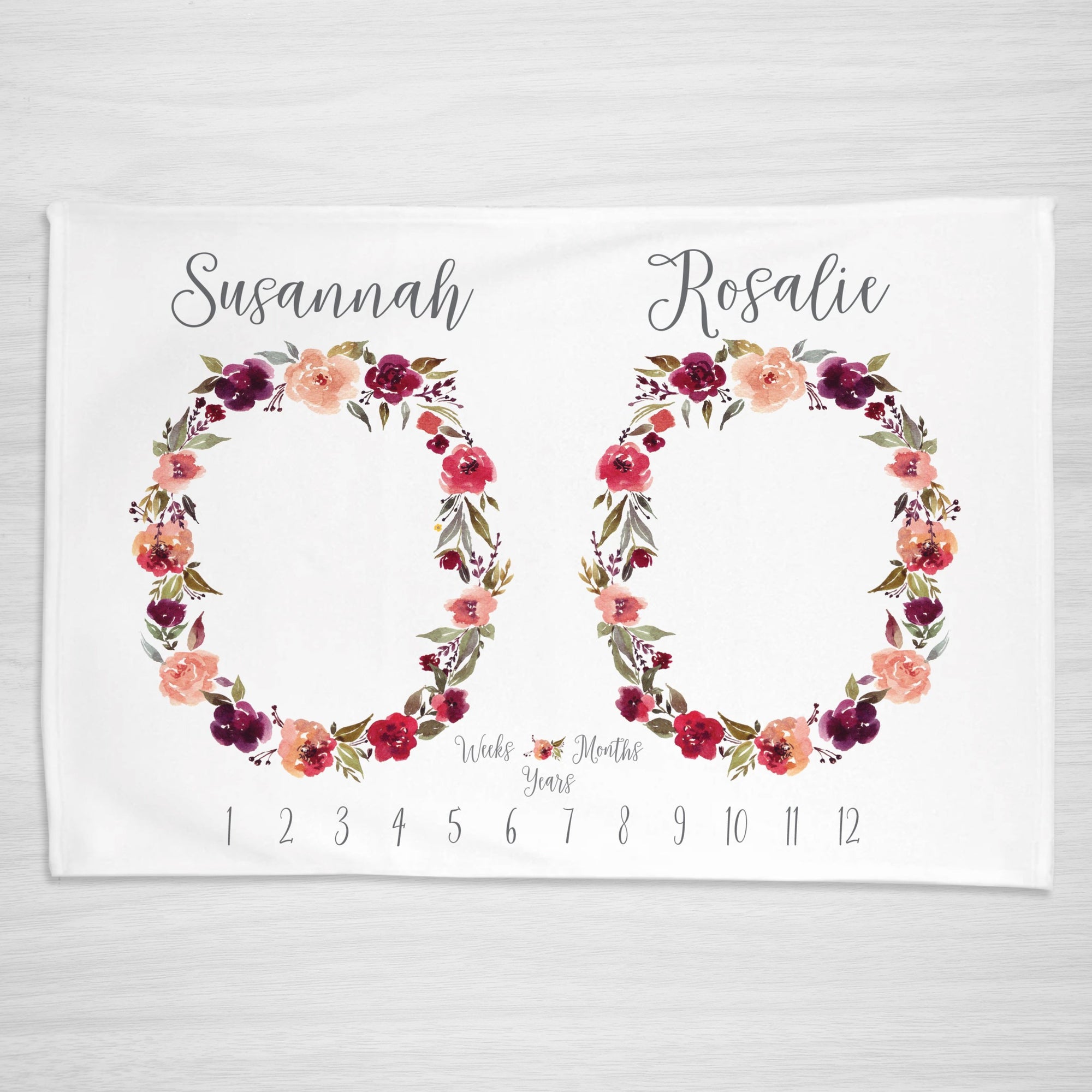 Twin Milestone Blanket, Personalized, watercolor floral wreaths