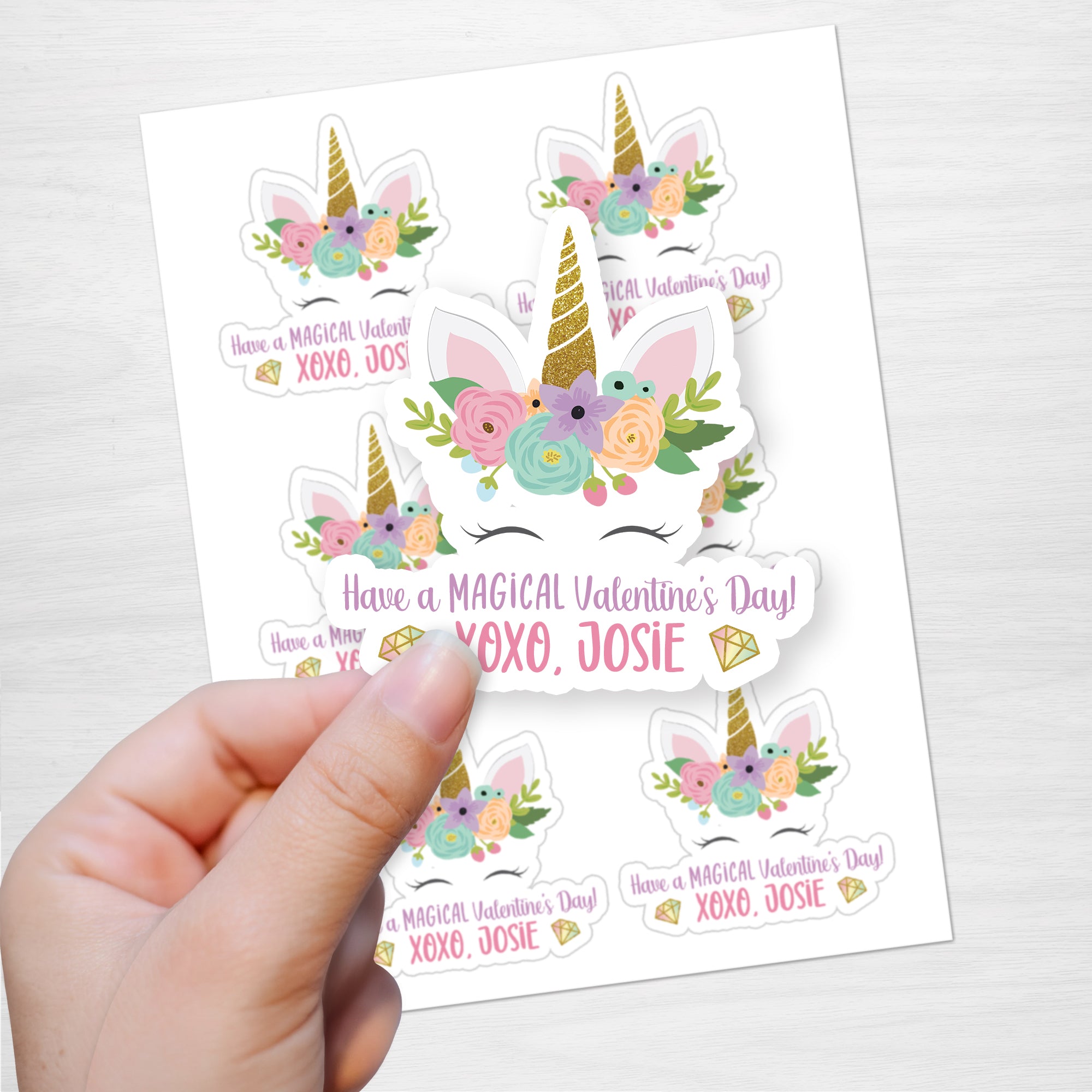 Valentine's Day Stickers, Personalized and Custom Die cut featuring a unicorn with flowers and diamonds