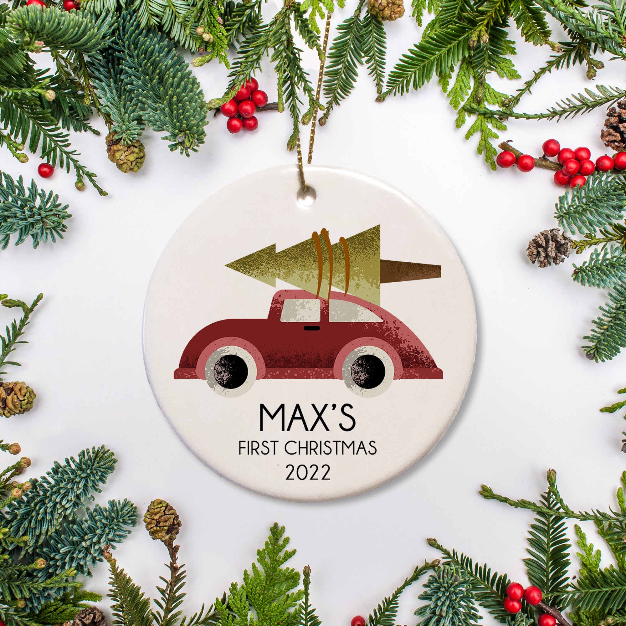 Your classic vintage old school car in red carrying a Christmas tree on the roof. Personalized this Christmas Ornament with name and year of your choice. PIPSY.COM