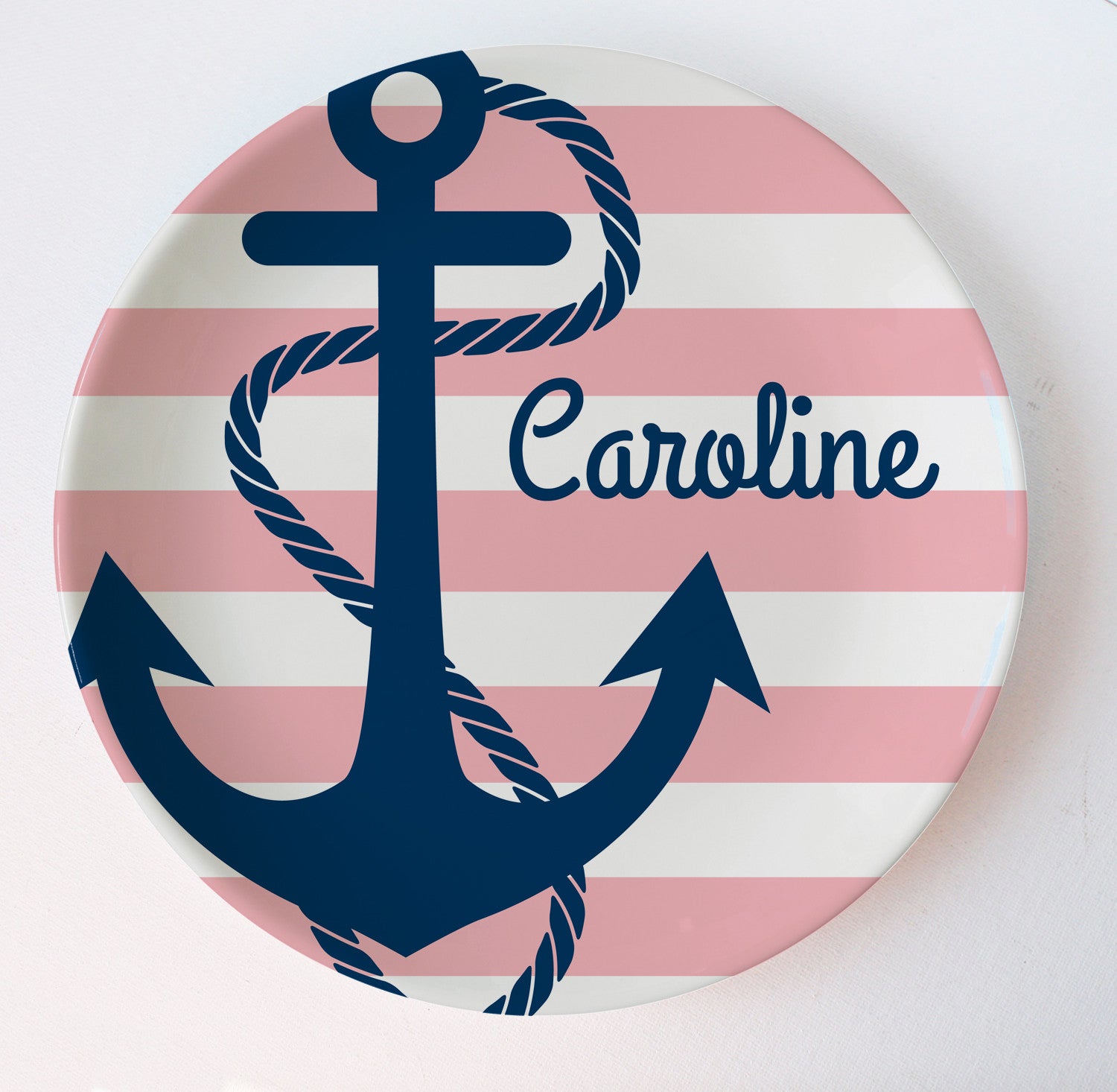 Nautical theme with navy anchor and pink stripes- personalized