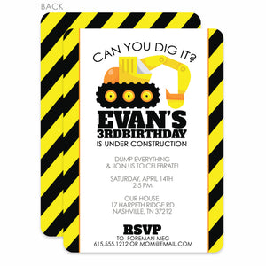Backhoe Digger Party Birthday Invitation | PIPSY.COM | Black & Yellow, printed on thick cardstock with 2 sided printing, we can add a photo to the back