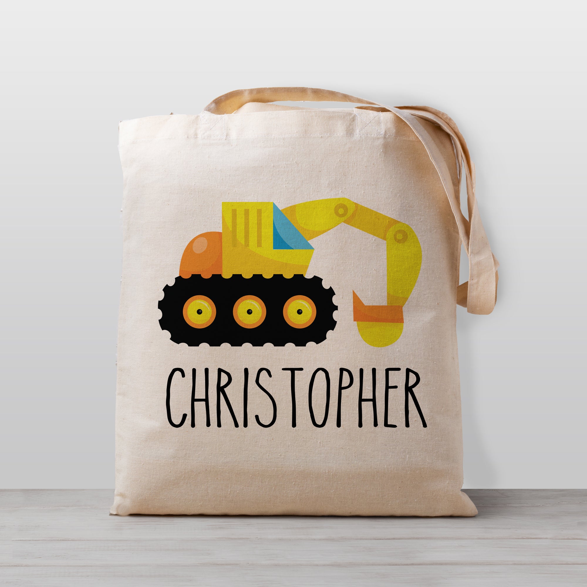 Backhoe personalized tote bag, excavator for construction, 100% natural cotton canvas