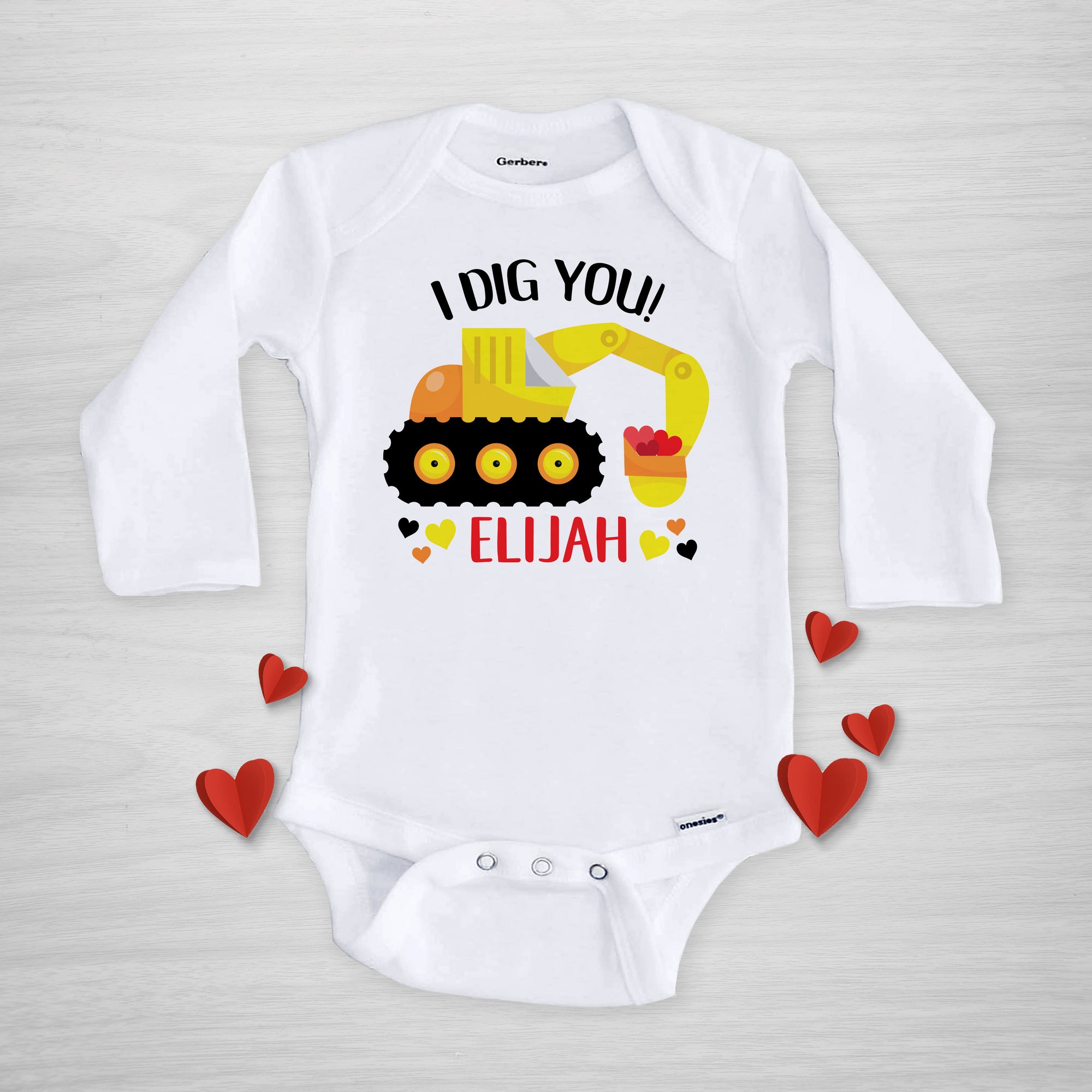 Valentine's Day Personalized Gerber Onesie, backhoe excavator "I dig you" personalized, long sleeve