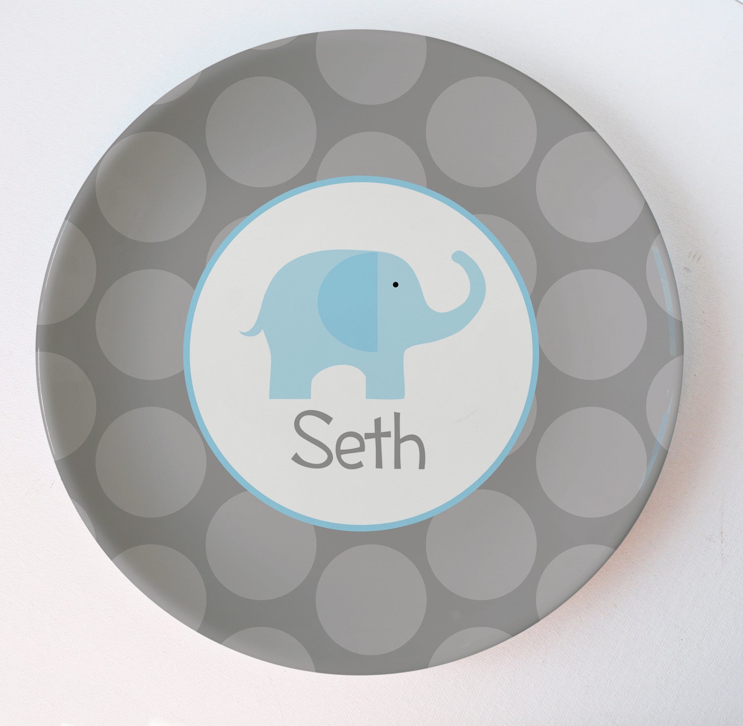 blue and grey elephant personalized plate