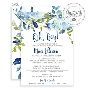 Virtual Baby Shower - Blue Floral Watercolor,  Instant Download, Templett, PIPSY.COM
