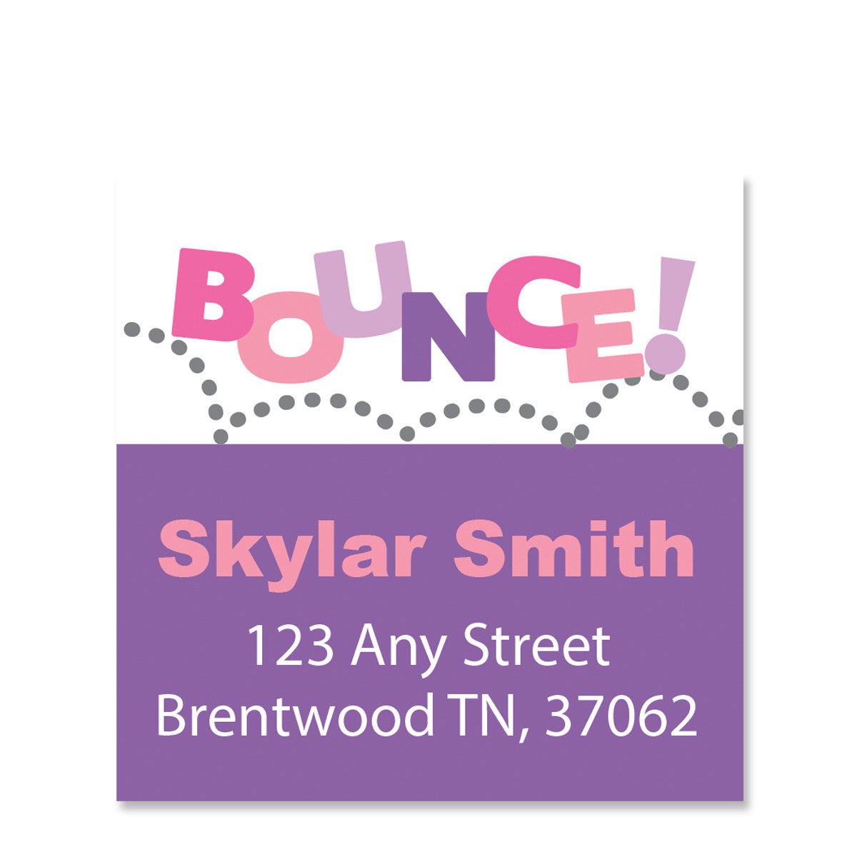 Pink and Purple Jump & Bounce Return Address Sticker | Swanky Press | Square
