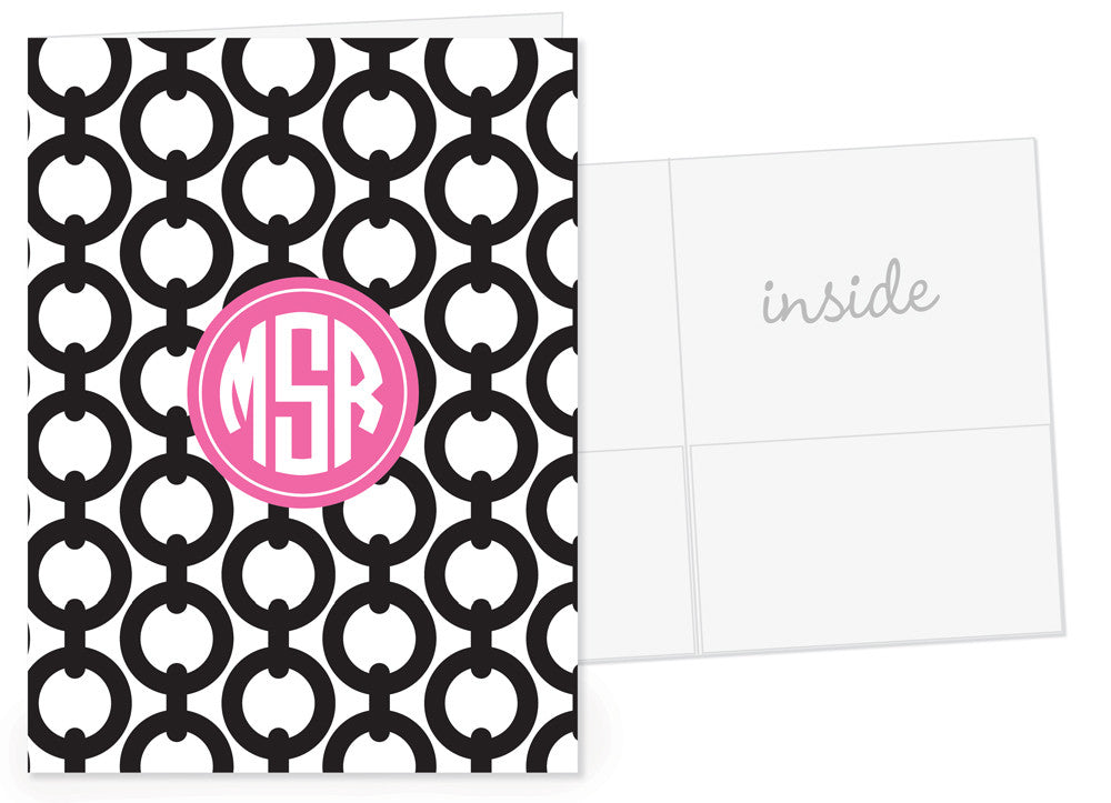 Black chain pattern with monogram feature in hot pink pocket folder