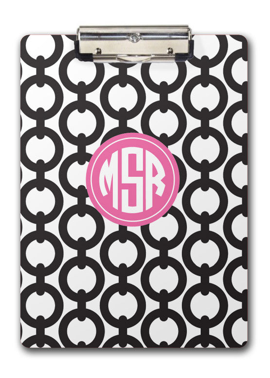 Black chains with a hot pink feature for monogram two-sided clipboard