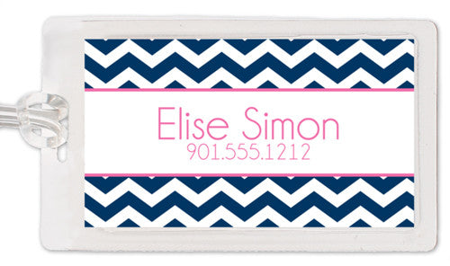 Chevron in navy with pink luggage tag