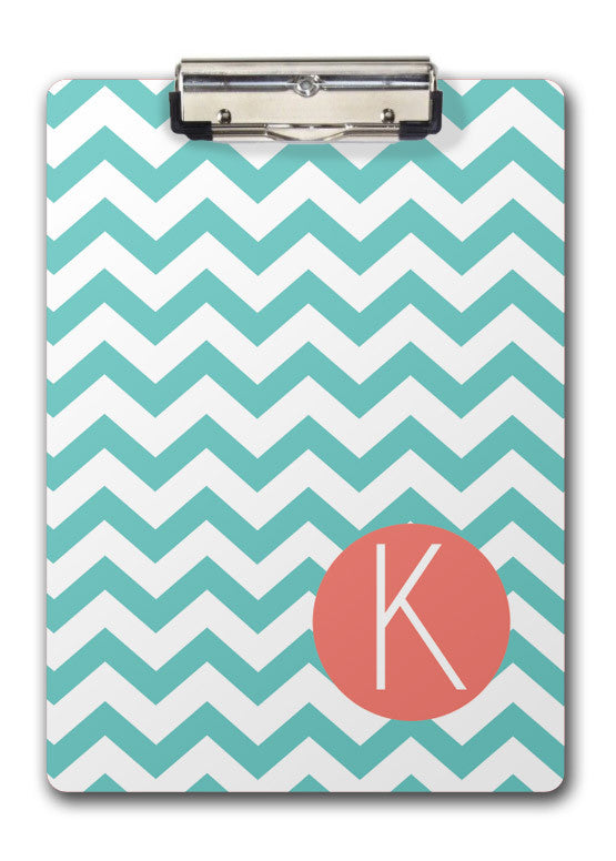 Aqua chevrons with coral name band for two-sided clipboard